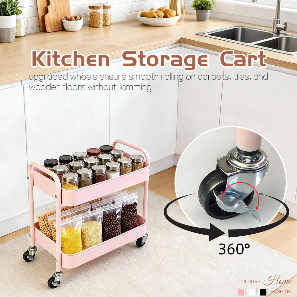 LIWNYRK 2 Tier Pink Rolling Cart with Wheels for Under Desk Storage, Large Capacity Rolling Pantry & Kitchen Storage Cart for Small Space, Sturdy Metal Bathroom Shelf Laundry Room Organization