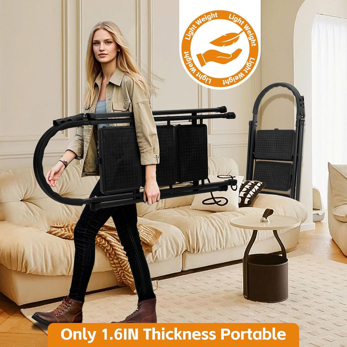 3 Step Ladder, Folding Step Stool with Wide Anti-Slip Pedal, Sturdy Step Ladder Foldable, Lightweight Portable Steel Step Stool for Kitchen, Home (Black, 3-Step)