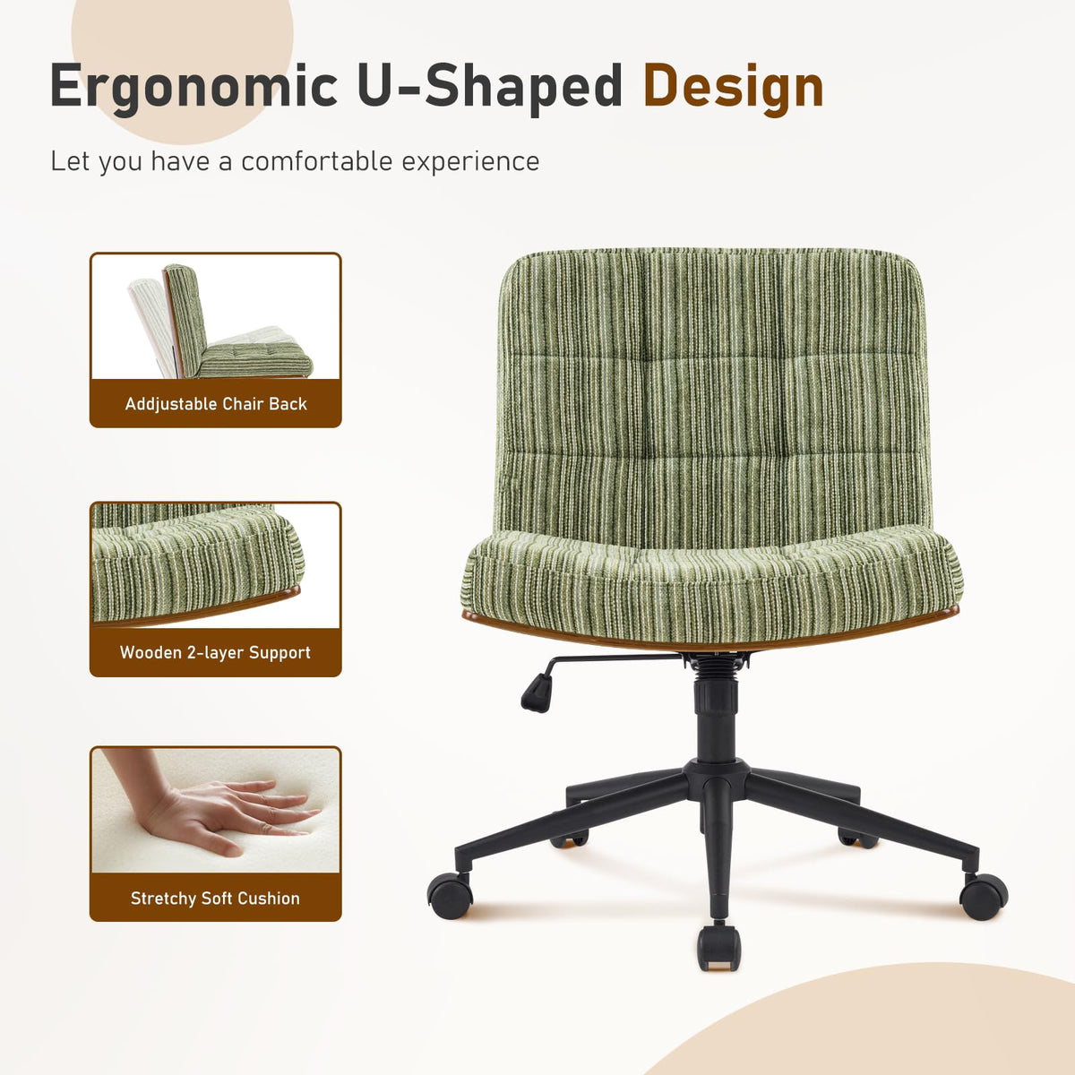 Furnimart Heavy-Duty Curved FSC Wood Desk Chair 360° Swivel,Premium Chenille Criss Cross Chair with Wheels Wide Seat, Comfy Armless Cross Legged Sitting for Bedroom, Office, Vanity(Green)