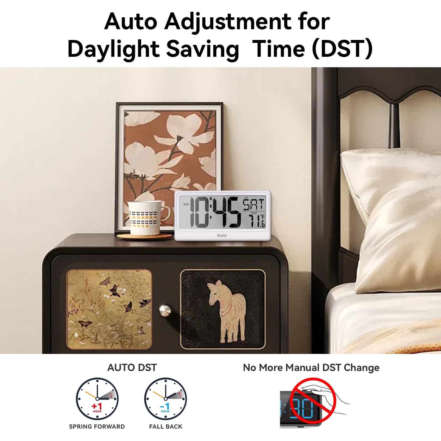 Baldr Digital Clock with Bluetooth Auto Time Sync, No App Required, Large Display Non-Backlit Desktop Alarm Clock, Battery Operated, Temperature & Weekday, Wall or Desk Clock for Home Office, White
