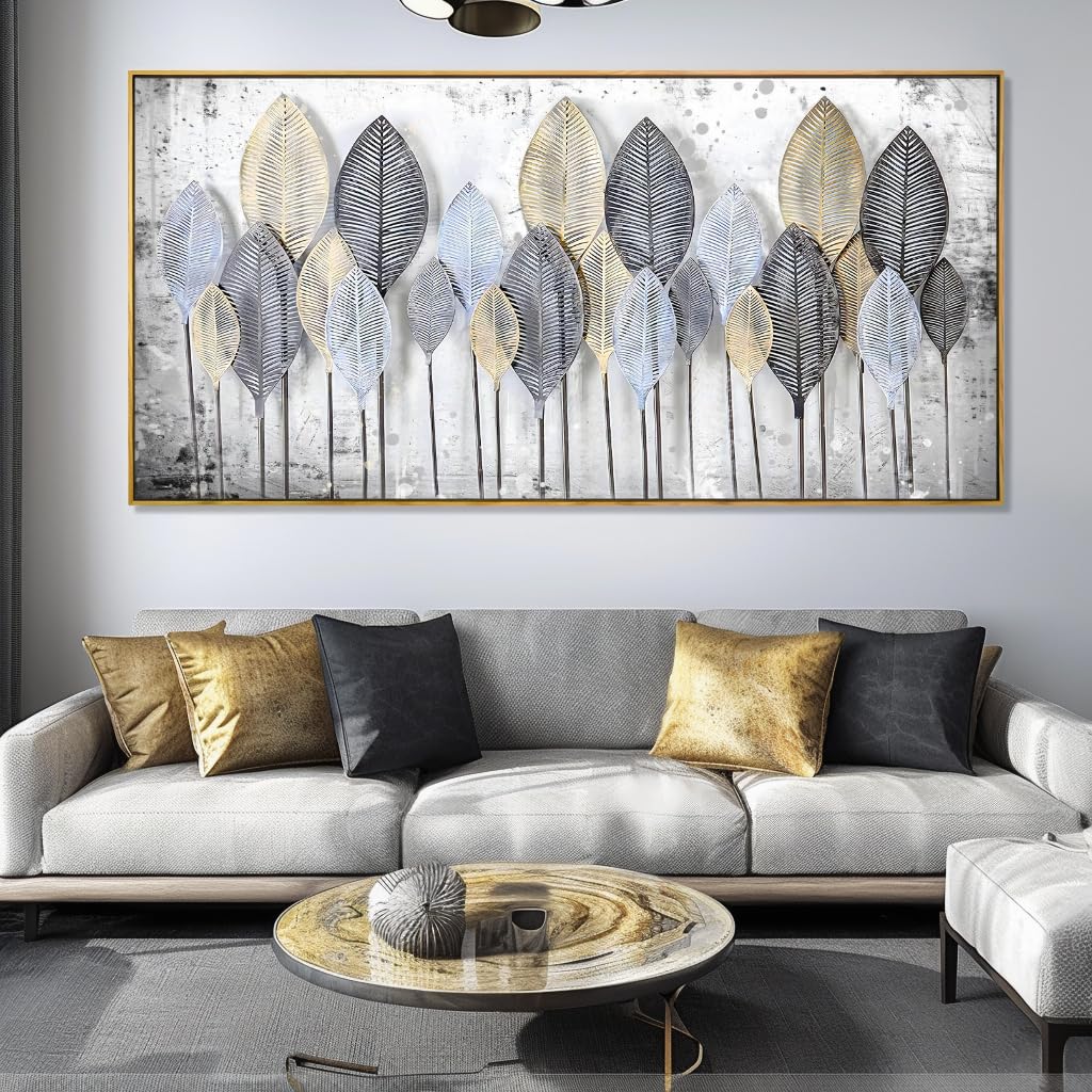 Modern Abstract Canvas Print Black White Leaves Natural Landscape Living Room Bedroom Office Decoration 48”×24" Framed