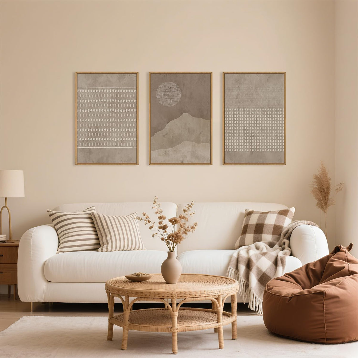 Aryroi Large Mid Century Tan and Beige Framed Canvas Wall Art,Neutral Lines Dots Wall Decor,Abstract Sunset and Mountain Artwork,Boho Textured Shapes Art Print for Living Room,Bedroom,Office-16"x24"x3