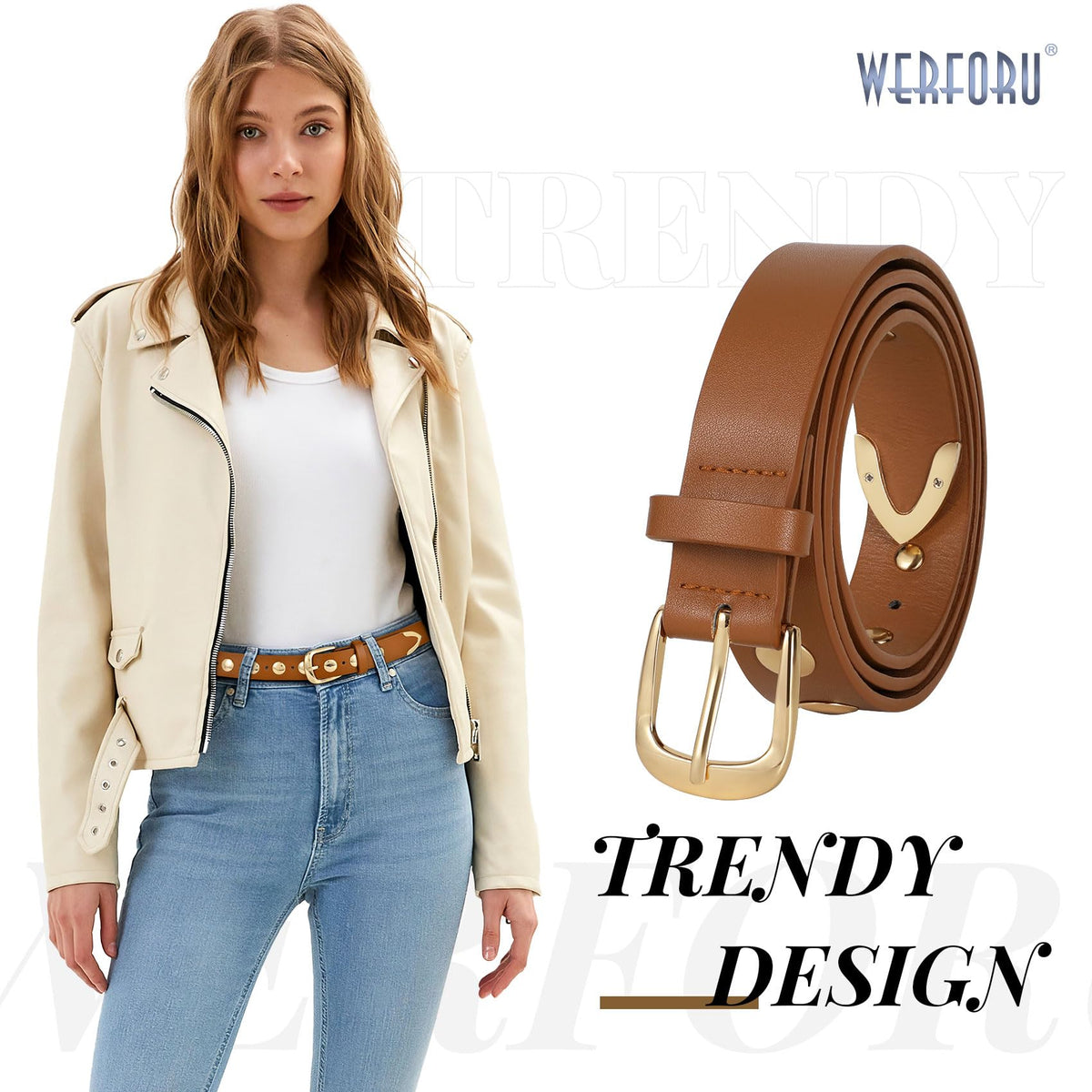 WERFORU Women Fashion Leather Belt Studded Leather Belt Ladies Belts for Jeans Dress Punk Belt,(Brown,25"-30" Waist Adjustable)