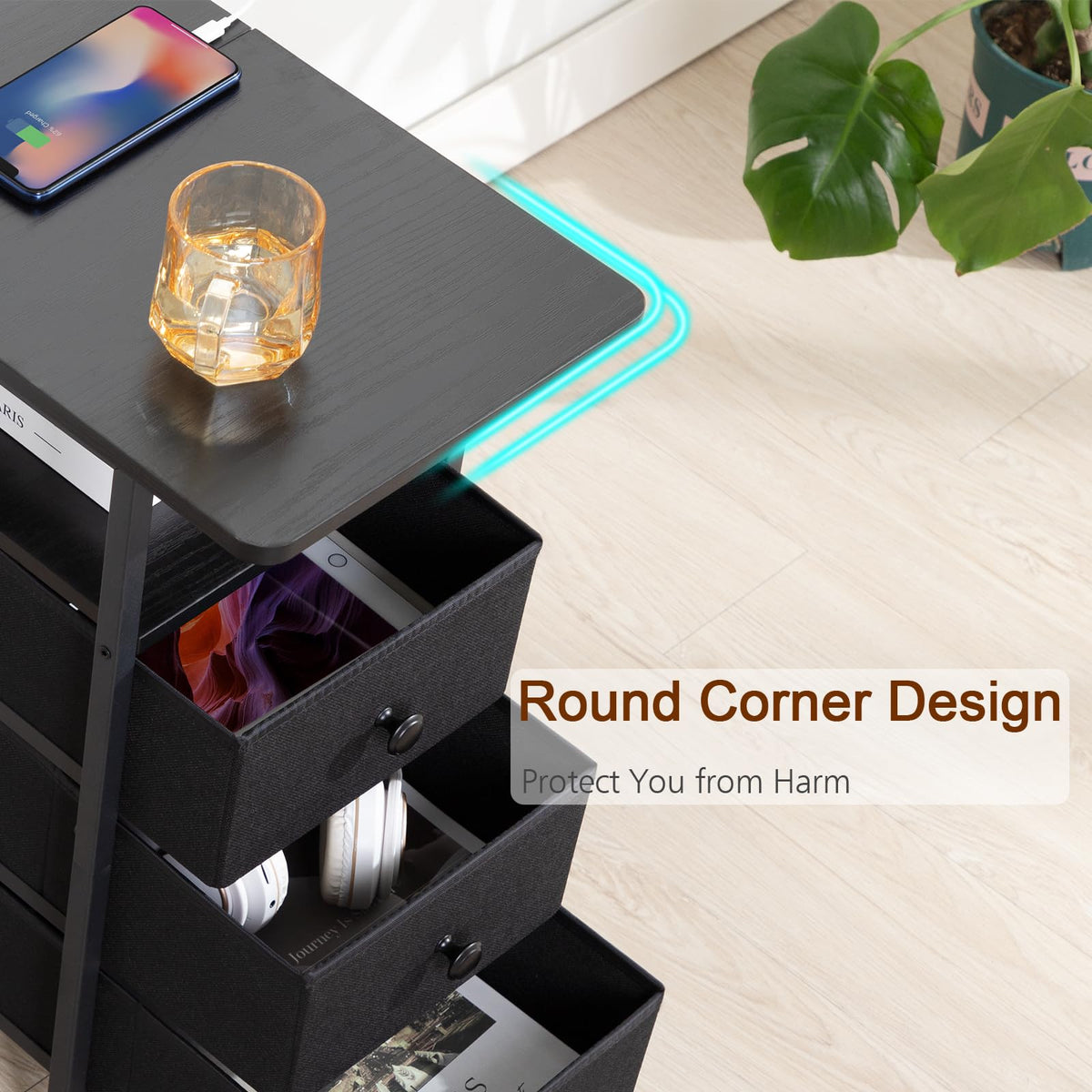 AMHANCIBLE End Tables Living Room with Charging Station, Narrow Side Table with USB Ports and Outlets, Slim Nightstand with 3 Fabric Drawers for Bedroom, Small Space, Black, HETN013BK-1