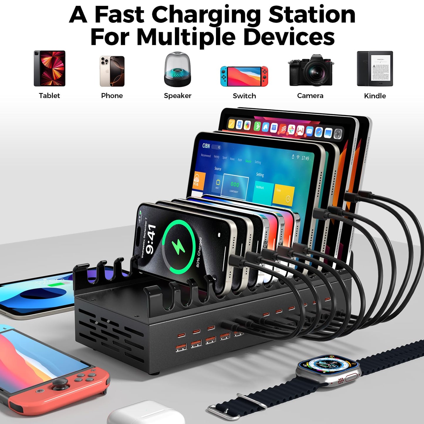 300W USB Charging Station for Multiple Devices, 24 Port USB C Fast Charging Station, Multi Device Charger Station Organizer Compatible with Tablet, Laptop, Cellphone, iPhone, iPad (300, Watts)