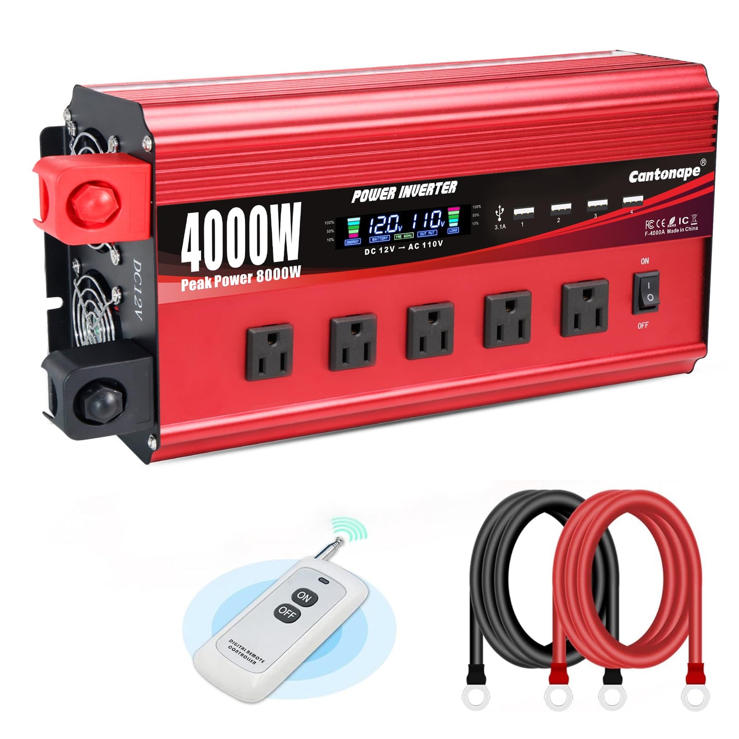 Cantonape 4000W Power Inverter 12V to 110V/120V DC to AC with LCD Display, Remote Controller 5 x AC Outlets and 4 x 3.1A USB Car Adapter for Car Truck Boat RV Solar System