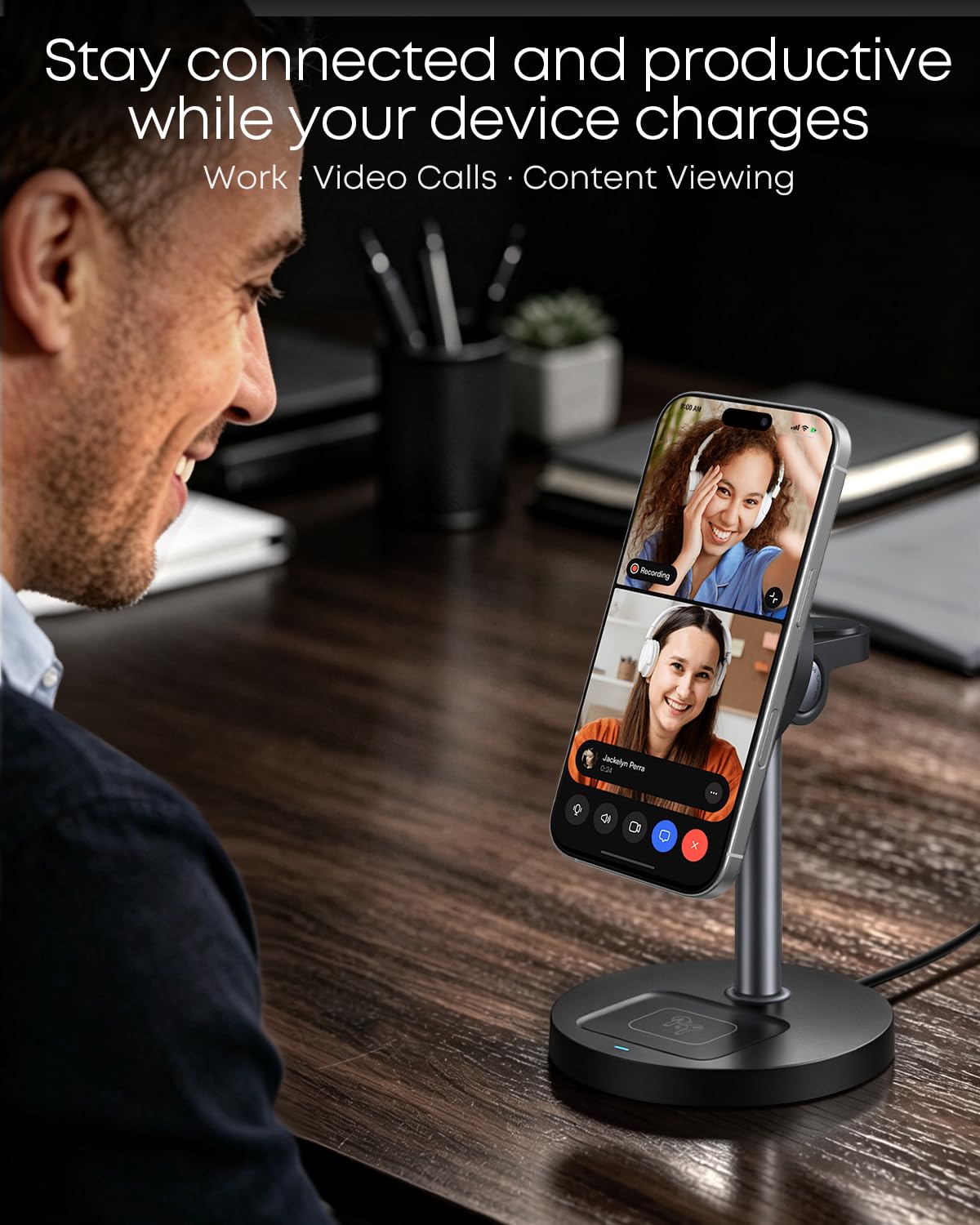 3 in 1 Magnetic Wireless Charging Station, 15W Fast Charger Stand for iPhone, Phone Charger Stand for Desk Nightstand, for iPhone 17/16/15/14/13/12, Apple Watch & AirPods, 18W Adapter Included -Black
