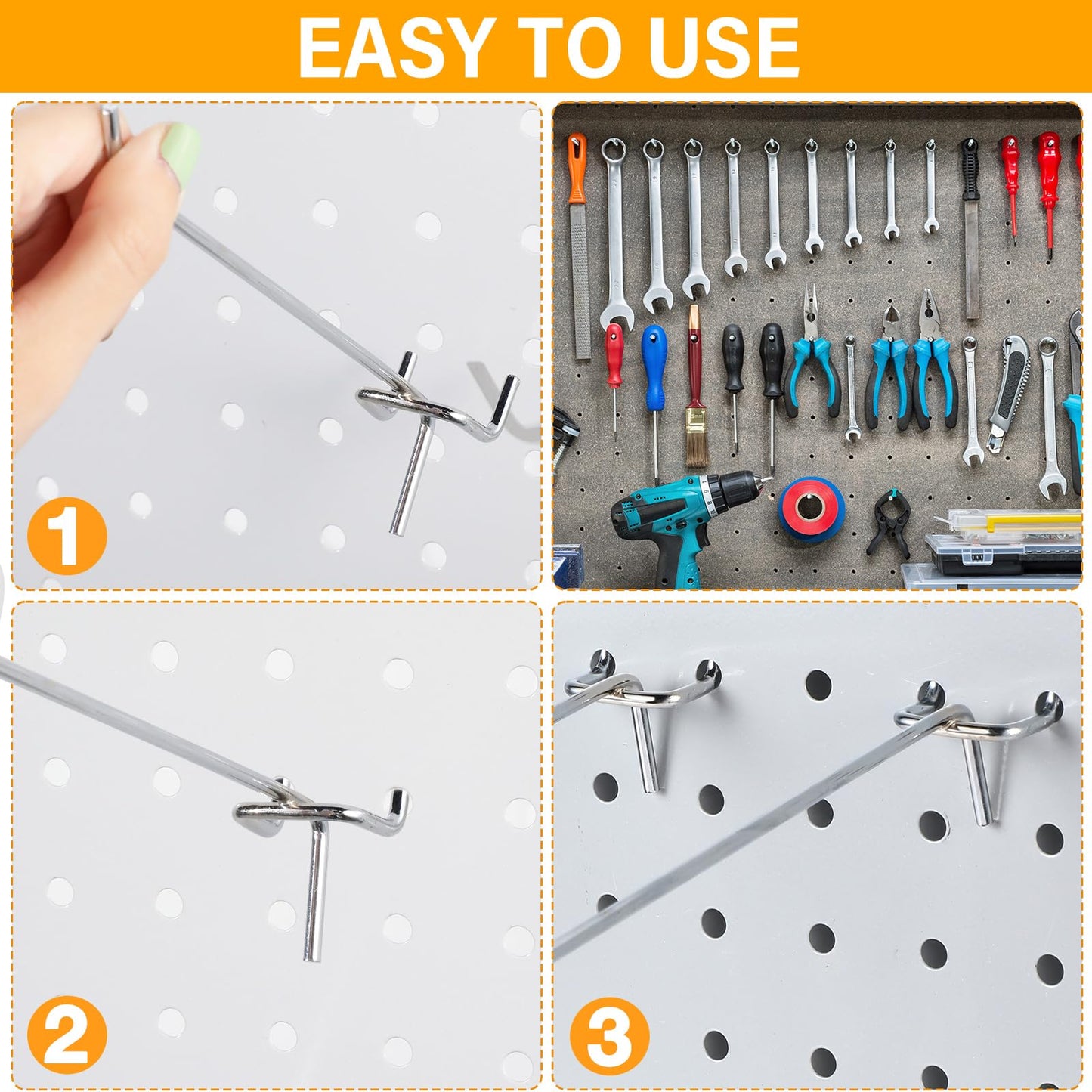 Shimeyao 100 Pcs Peg Board Shelving Hooks Stainless Steel Hanging Board Pegs Wall Display Hooks Bulk for 1/8 1/4 Garage Storage Organizer Accessories(8 Inch,Silver)