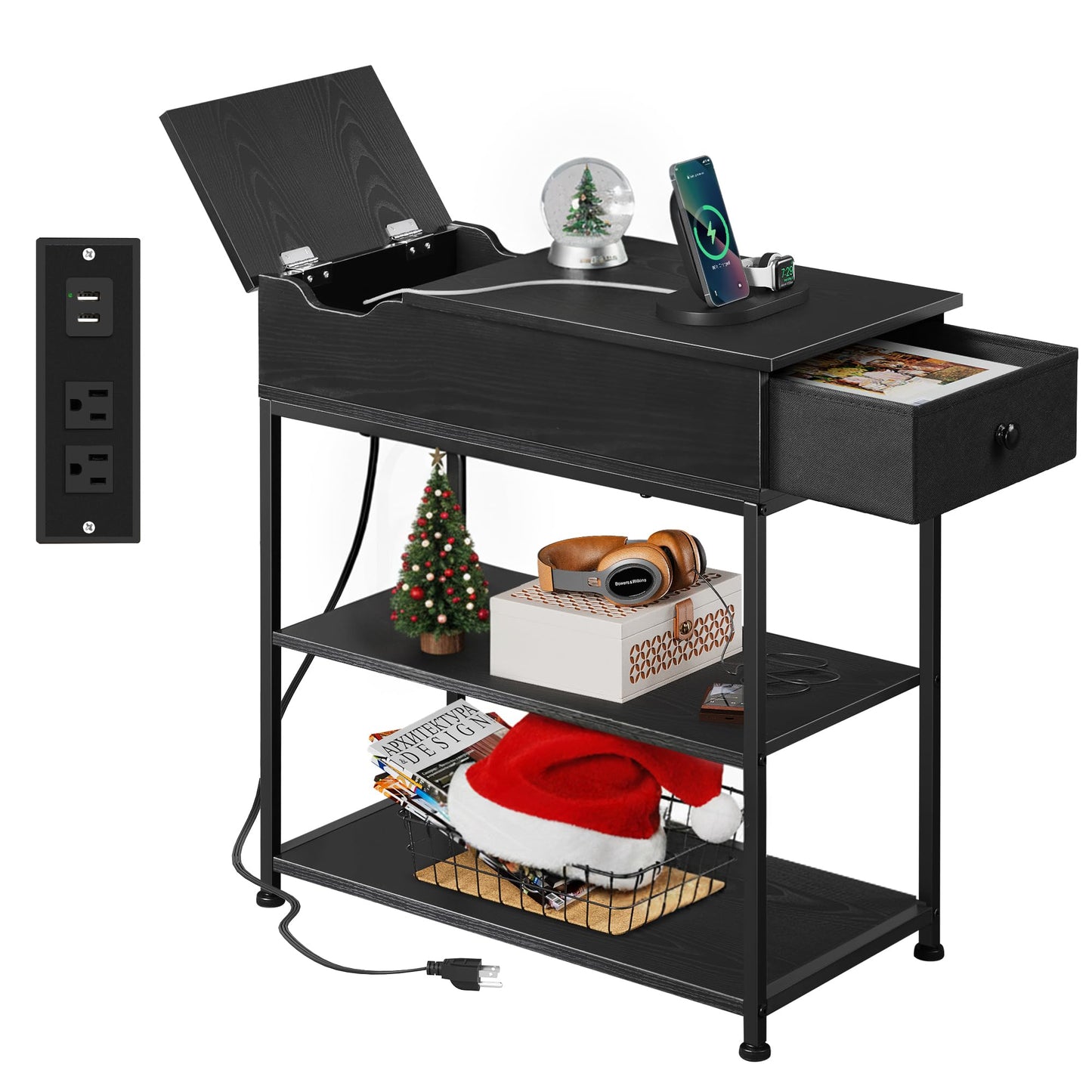 WLIVE Narrow Side Table with 2 USB Ports and 2 Outlets, Flip Top Black End Table with Drawer and Storage Shelves, Small Nightstand with Charging Station for Living Room/Bedroom