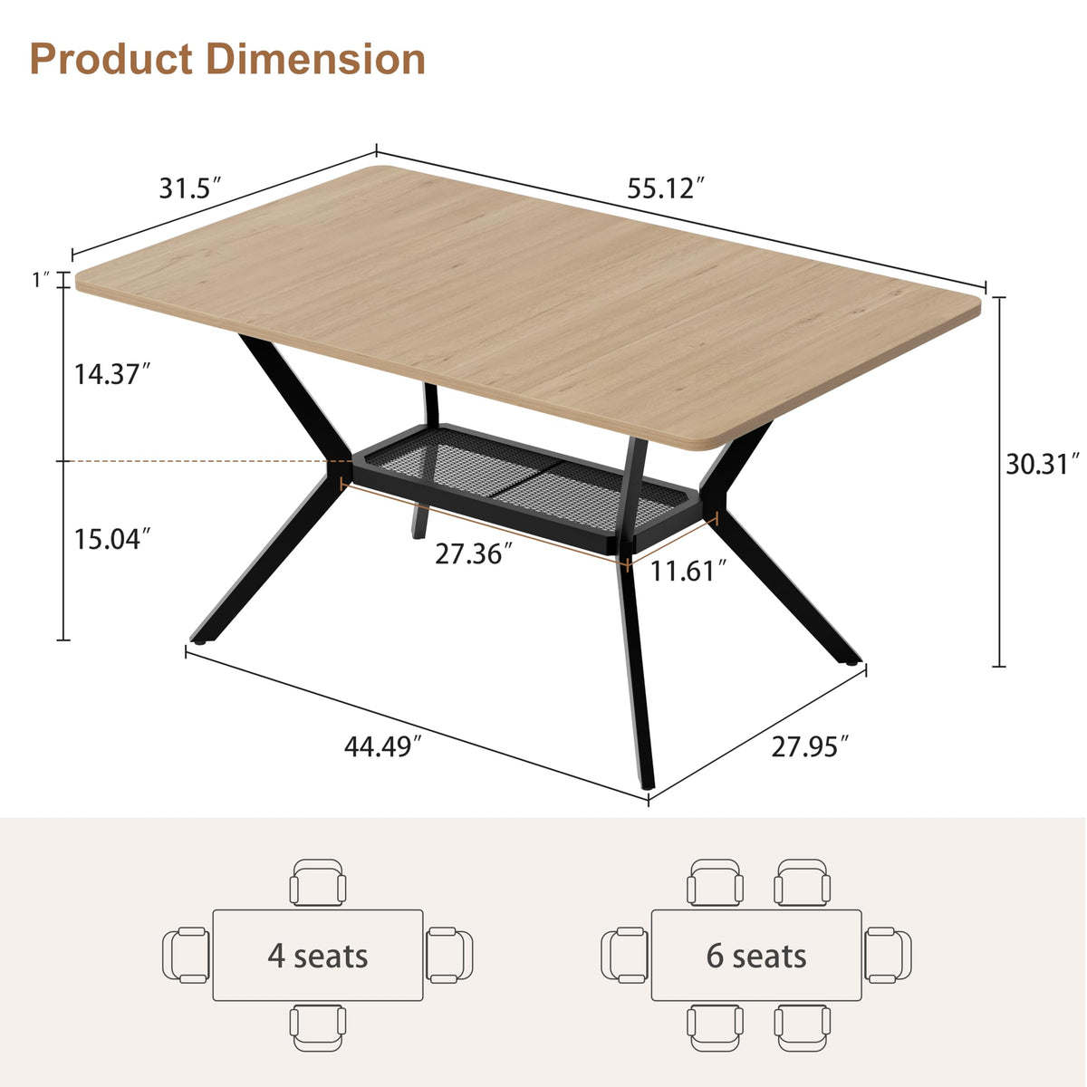 MECHYIN 55" Dining Table for 4-6, Industrial Kitchen Table with Spacious Storage Shelf, Sturdy Metal Frame Rectangle Dining Table for Dining Room, Small Apartments, Home Office