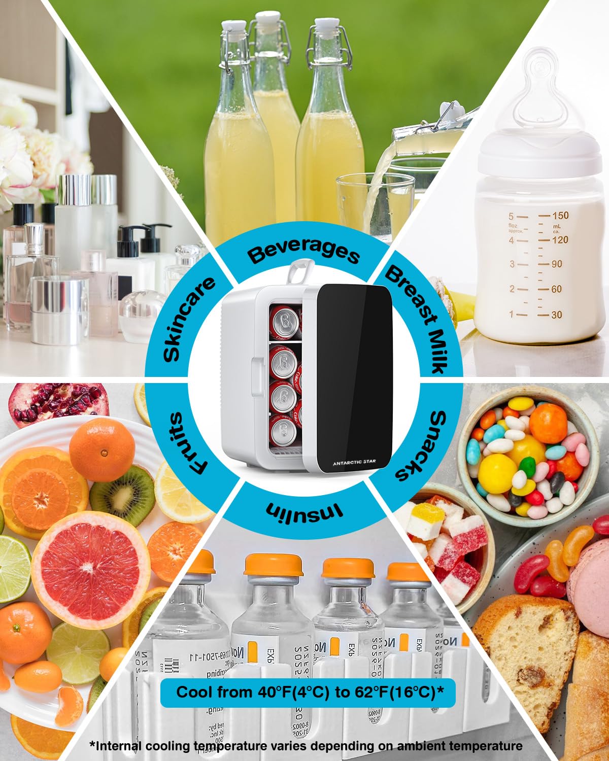 Antarctic Star Compact Mini Fridge, 10L Portable Small Refrigerator, 2.6 Gal Mini Fridge with AC/DC Adapters, Small Cosmetics Cooler for Beverage, Food, Makeup, Bedroom, Office, Dorm, White