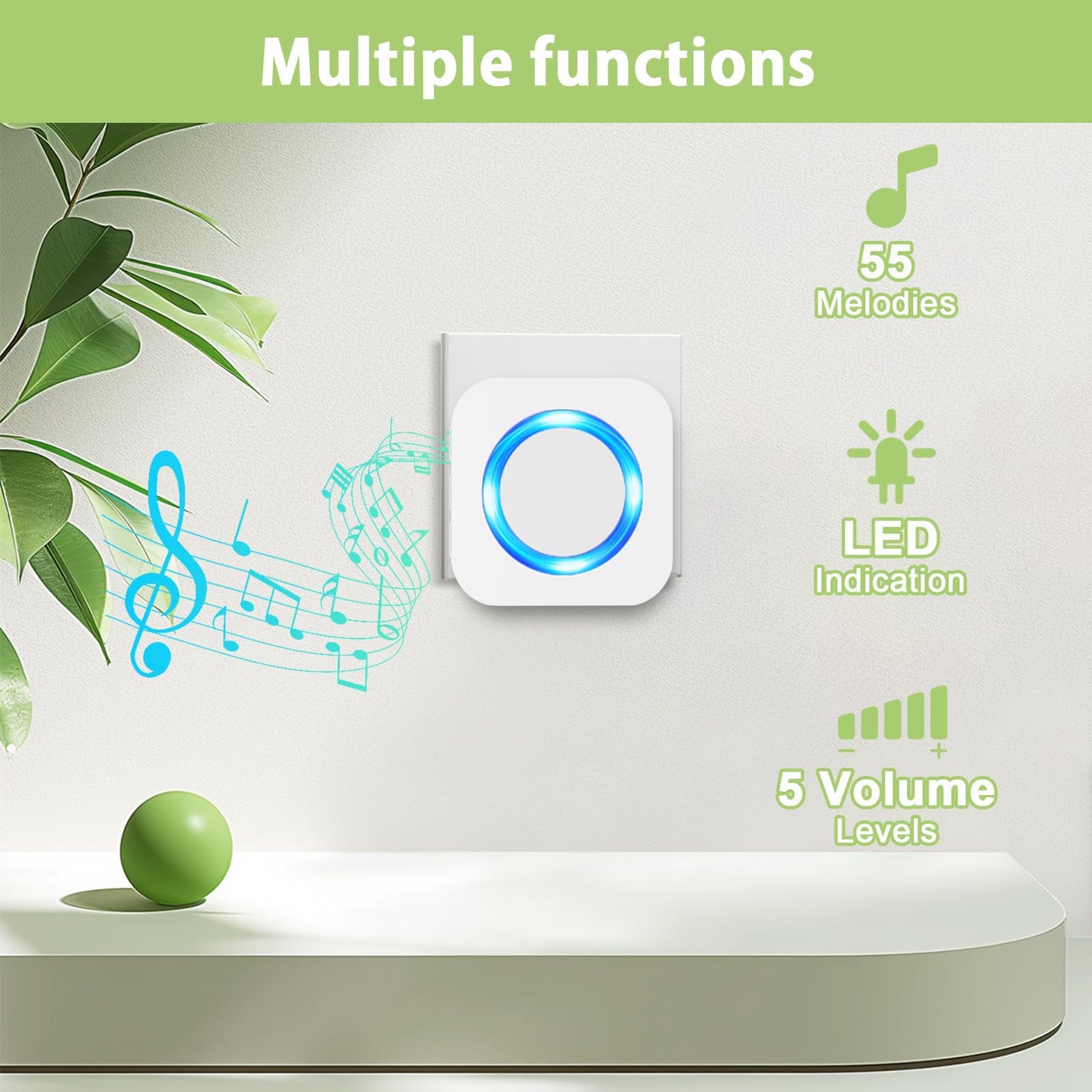 SURFOU Doorbell Waterproof Wireless Doorbell Easy Install at 1,300ft Long Range Loud Enough with 55 Chimes 5 Volume Levels LED Flash Door Bell for Home Classroom Apartment,2 Push Buttons 3 Receivers