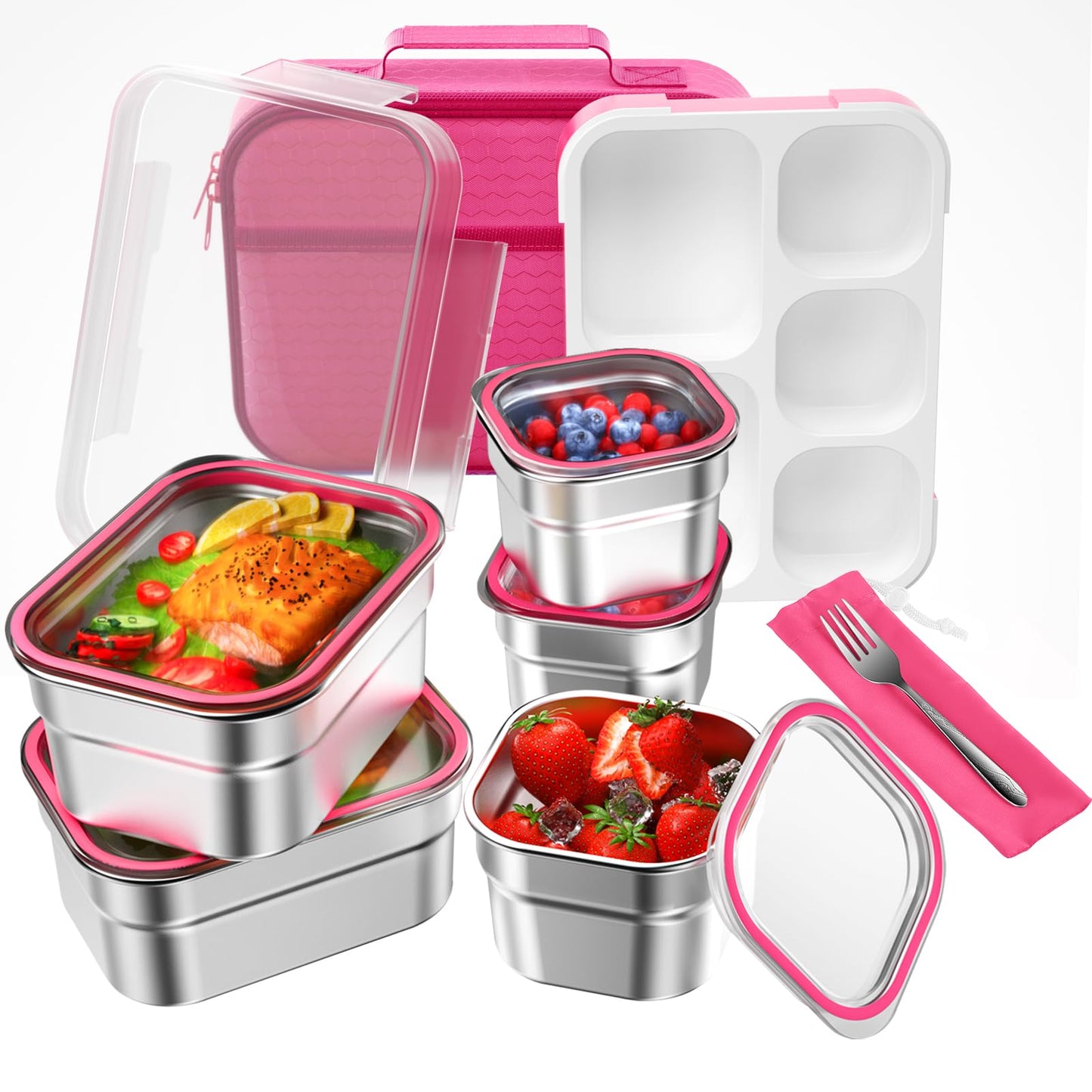 DaCool Stainless Steel Lunch Box Bento for Kids Adults Leakproof BPA-Free Metal Lunch Containers Tray 5-Compartment with Fork for Girls Food Snack Containers for School Outdoors, Pink