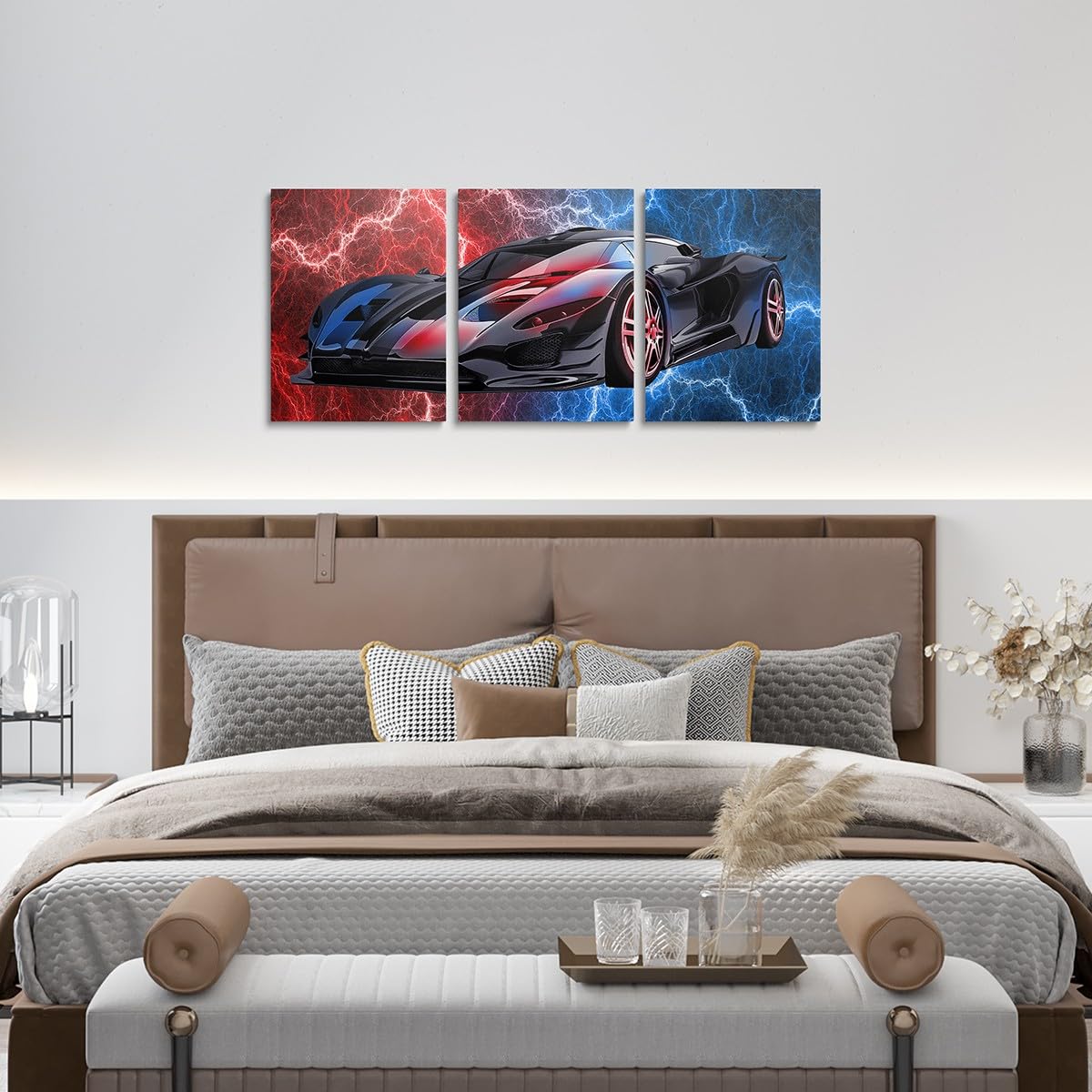 Feelyou Race Car Bathroom Wall Art for Home Decor 12"x16" 3 Piece Red and Blue Speed Sports Car Canvas Wall Art Extreme Sports Office Wall Artwork Posters Lightning Theme Wall Painting