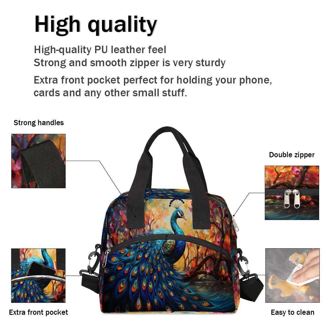 Insulated Lunch Bag Animal Peacock Lunch Box for Women Men Reusable Lunch Tote Bag with Adjustable Shoulder Belt Portable Lunchbox Cooler Bag Organizer for Office Work Picnic