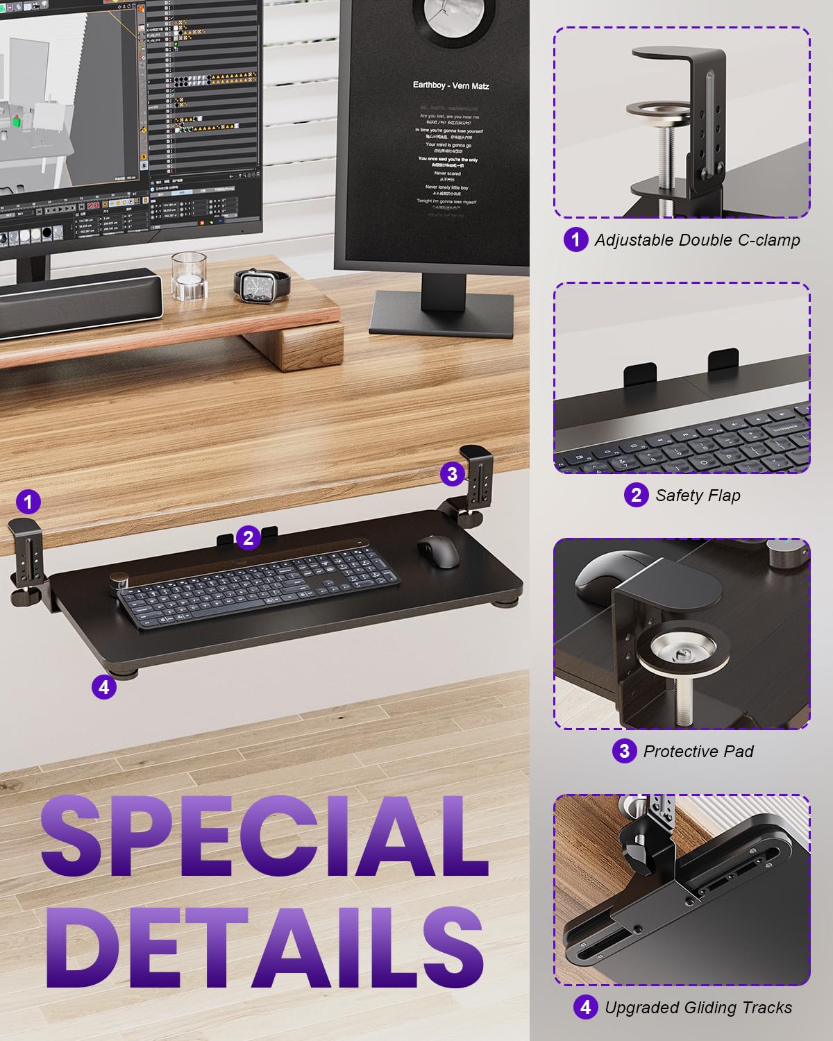 Zontera Ergonomic Keyboard Tray Under Desk, Pull Out with Adjustable C-clamp, 25.6 (31.5 Including Clamps) x 11.8 Inch Slide Out Computer Keyboard Drawer Mouse Tray for Typing, Large & Black