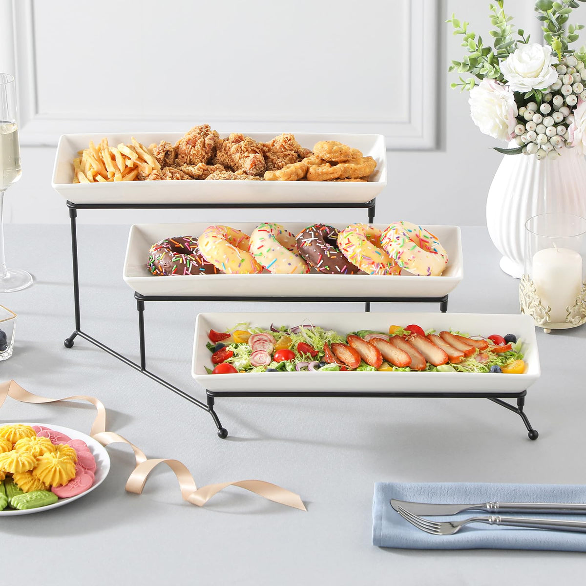 MALACASA 3 Tier Serving Tray, Porcelain Tiered Cupcake Stand, Ceramic Elevated Serving Platter with Collapsible Sturdier Rack,Series PLAT (White, 14 Inch)