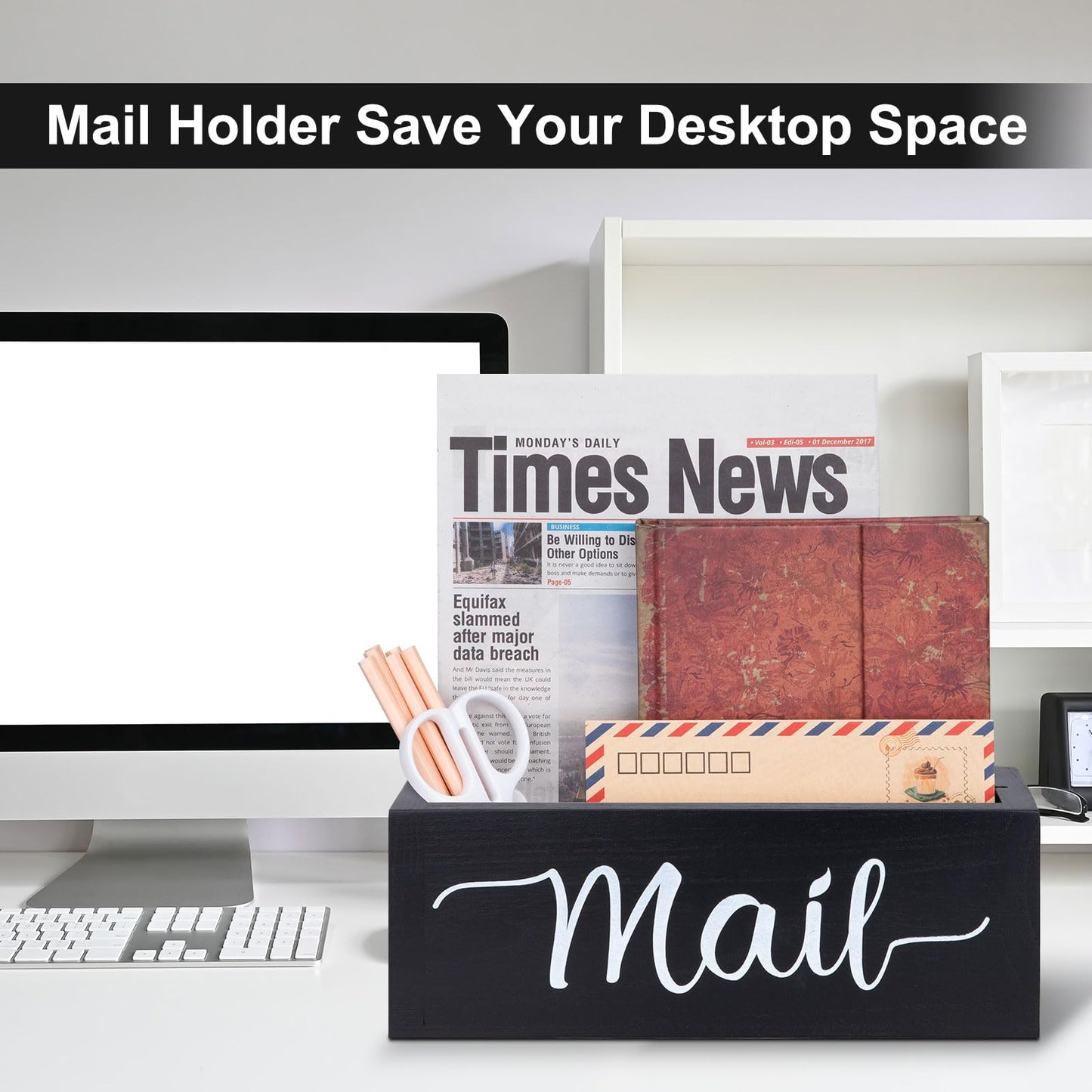 Lucundm Desk Mail Organizer, Mail Organizer Countertop, Wood Desk Mail Storage Box, Envelop Holder for Home Office (Black-2 slot)