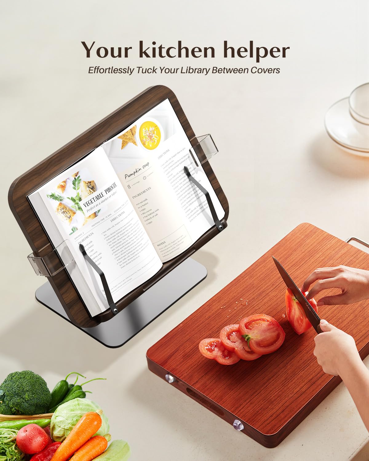 Book Stands for Reading,Adjustable Book Holder with 360° Rotating Metal Base,Foldable Cookbook Stand, Reading Hands Free with ABS Expandable Page Clips for Recipe,Textbook,Laptop