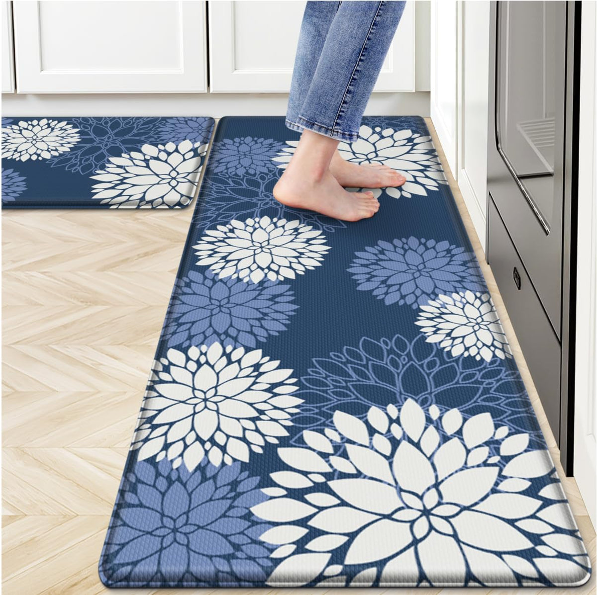 SofterCharm Kitchen Mats, 2PCS Non-Slip Cushioned Rugs, Anti-Fatigue Waterproof Floor Rug, Washable Standing Desk Mat, Home Laundry Office Apartment Decor and Accessories (17.3" ×47" +17.3" ×30"-Blue)