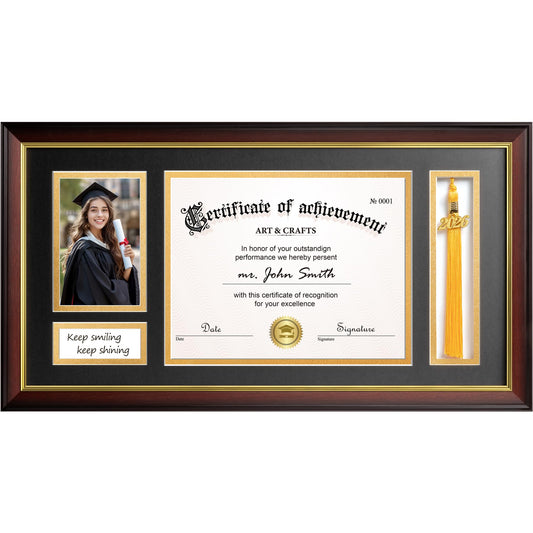 Yaetm 11x22 Diploma Frame with Tassel Holder for 8.5x11 Certificate Document & 4x6 Photo with High Definition Glass, Black Mat Over Gold Acid-free Mat, Mahogany Graduation Frame 2026