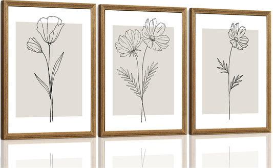 ICHZUMW Neutral Botanical Floral Wall Art, Black and White Farmhouse Flowers Wall Decor, Modern Minimalist Line Art Canvas Prints, Beige Artwork, Living Room Bedroom Home Office, Set of 3, 12x16in