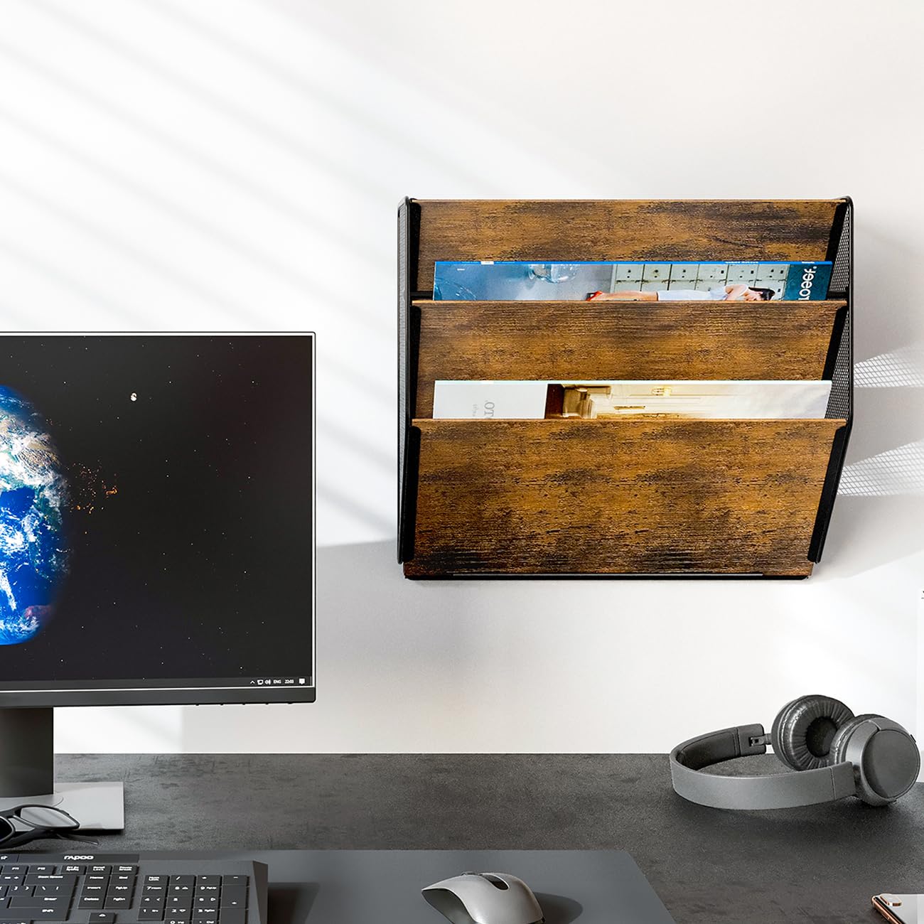 PAG Wall File Organizer for Office, 3-Tier Rustic Hanging File holder Wall Storage Rack for Documents/Magazine/Literature/File Folders/Mails/Envelopes, Brown