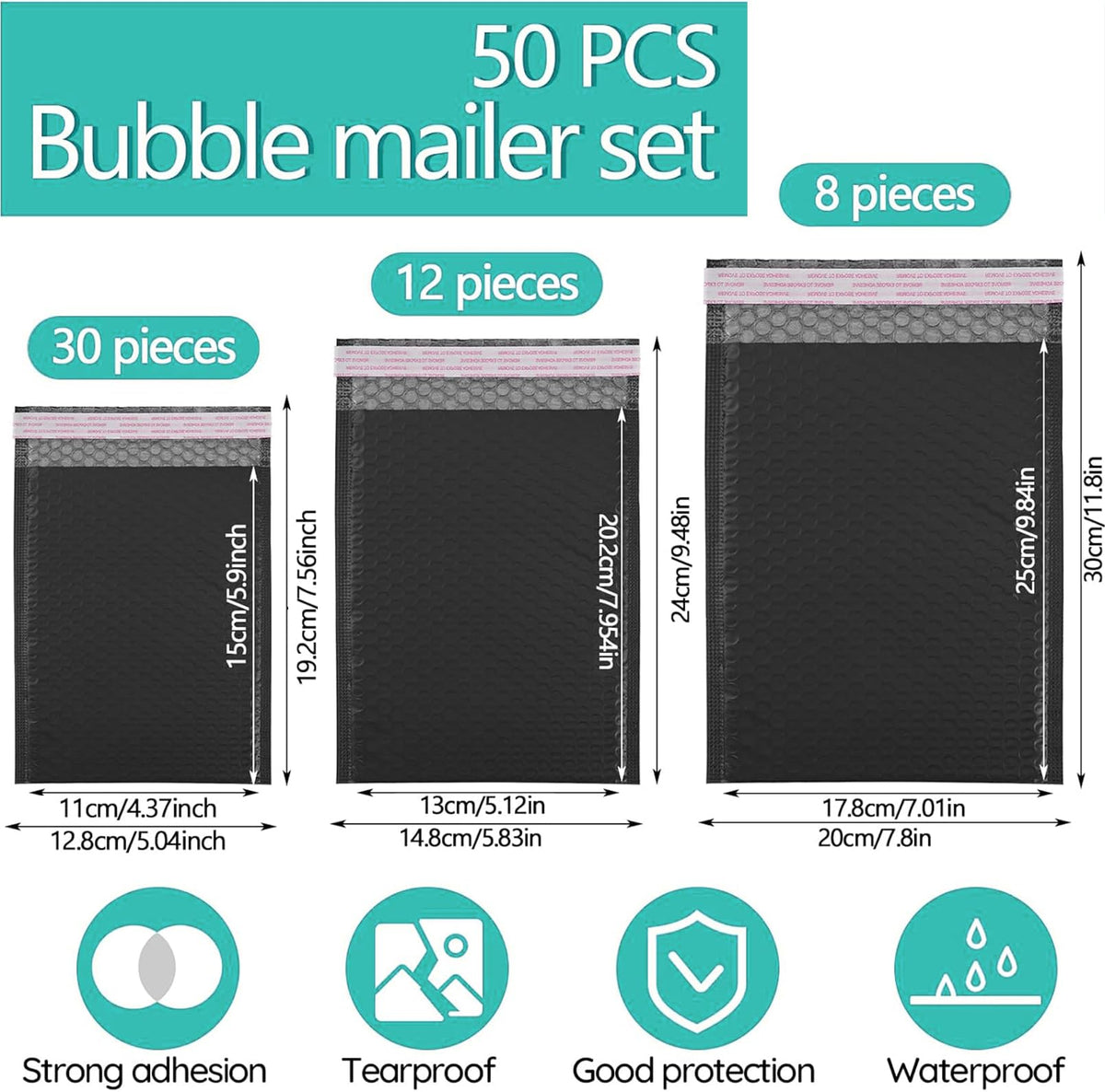 PLMMOUT 50 Pcs Bubble Mailers,Black Bubble Envelopes,Waterproof Self Seal Adhesive Shipping Bags,Poly Padded Envelopes,Bubble Padded Cushion Envelopes for Mailing Packing Small Business