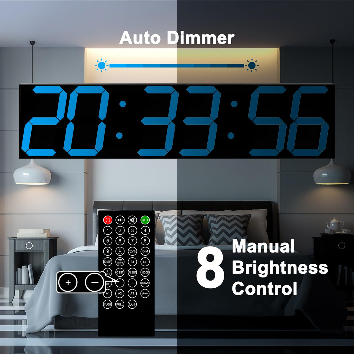 CHKOSDA Digital Wall Clock, Oversize Led Digital Clock Large Display with Auto Dimmer, Huge Countdown Timer with Remote Control, 27" Wide Display, 6 Digits, Wall Mount, Date and Temperature(Ice Blue)