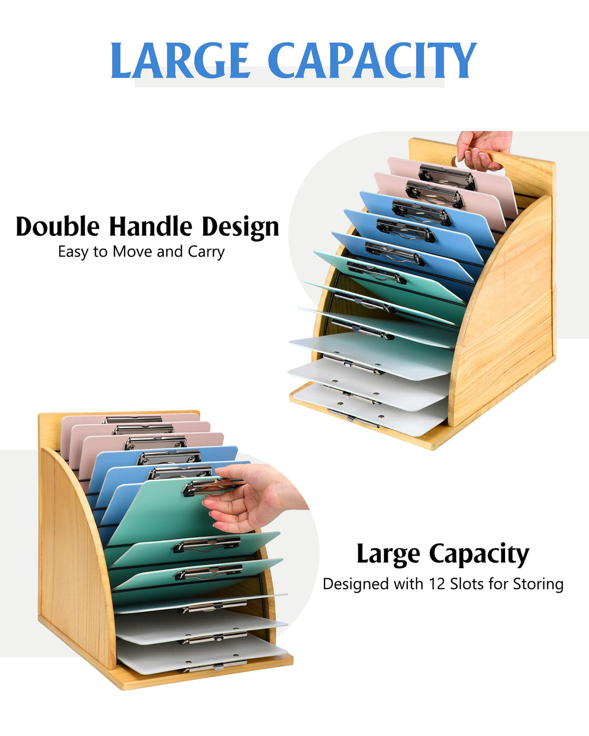 HULISEN Clipboard Holder, Wooden Clipboard Organizer with Raised Side Panel, Clip Board Storage Rack for Classroom and Office, Clip Boards not Included