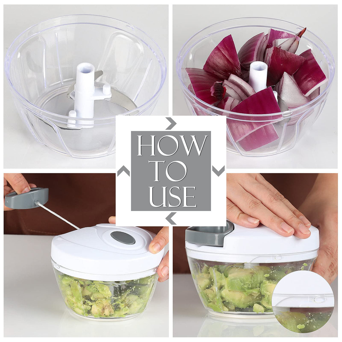 Ourokhome Manual Food Processor Vegetable Chopper, Portable Hand Pull String Garlic Mincer Onion Cutter for Veggies, Ginger, Fruits, Nuts, Herbs, etc., 500ml, White