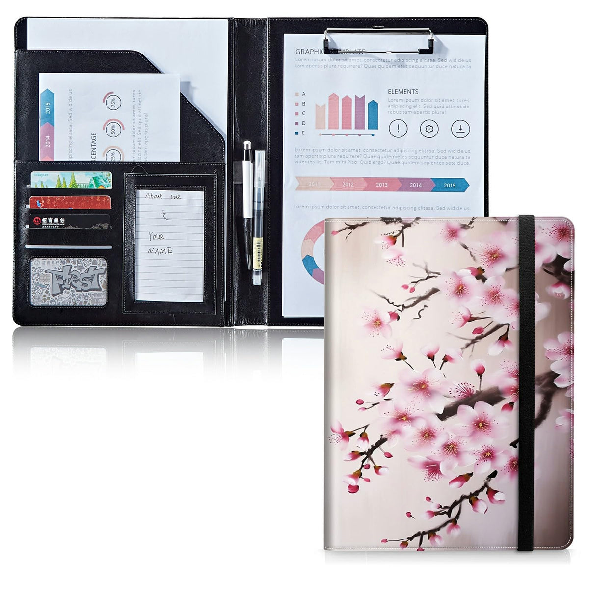 DIGTIALL Padfolio Folder with Clipboard,Portfolios Organizer Clipboards with Storage Clipboard Writing Pad PU Leather Conference Document Organizer with Business Card Holder,Cherry Blossom