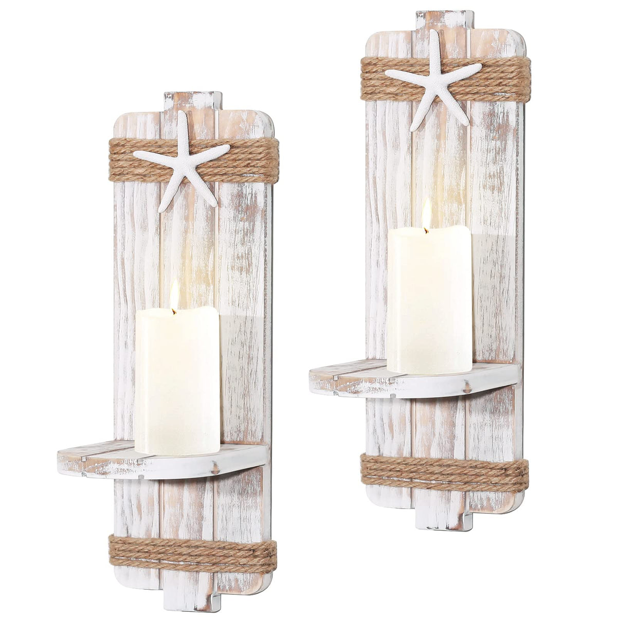Disdressed Starfish Wall Candle Sconces (Set of 2) - Beach Decor, Ocean Themed Wall-Mount Candleholders, Nautical Style Beach Bathroom Decor, Coastal Farmhouse Seashell Candle Holders