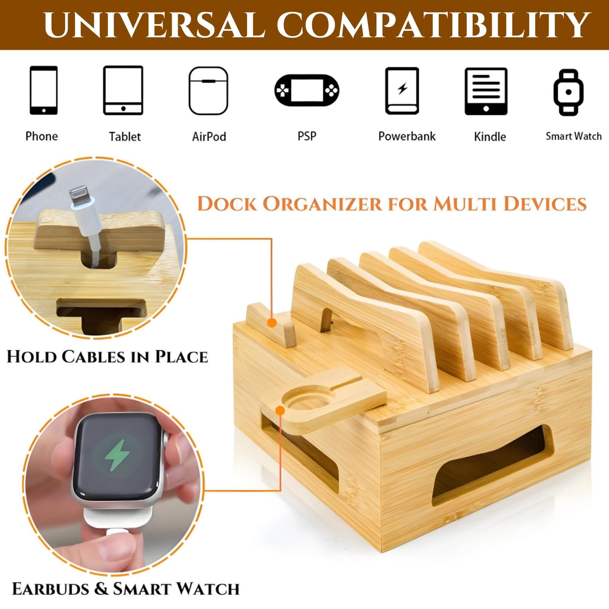 Acshio Bamboo Charging Station for Multi Devices, Small Desktop Docking Stand, Cell Phone Docking Station Charger Organizer for Tablets, Smart Watch (No USB Charger No Charging Cables)