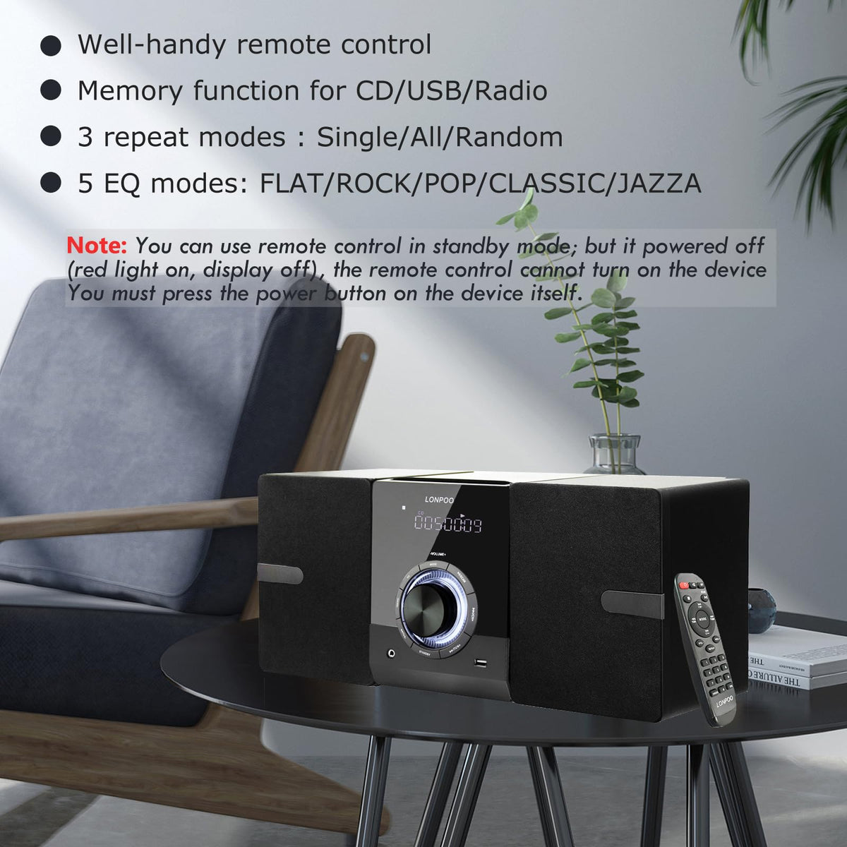 Compact Stereo System Speakers with CD Player, Bluetooth, FM Radio, Aux-in, USB-in, Earphone Jack, DSP-Tech, Remote, 30W Crisp-Sound Shelf Stereo System for Home (LP-886)
