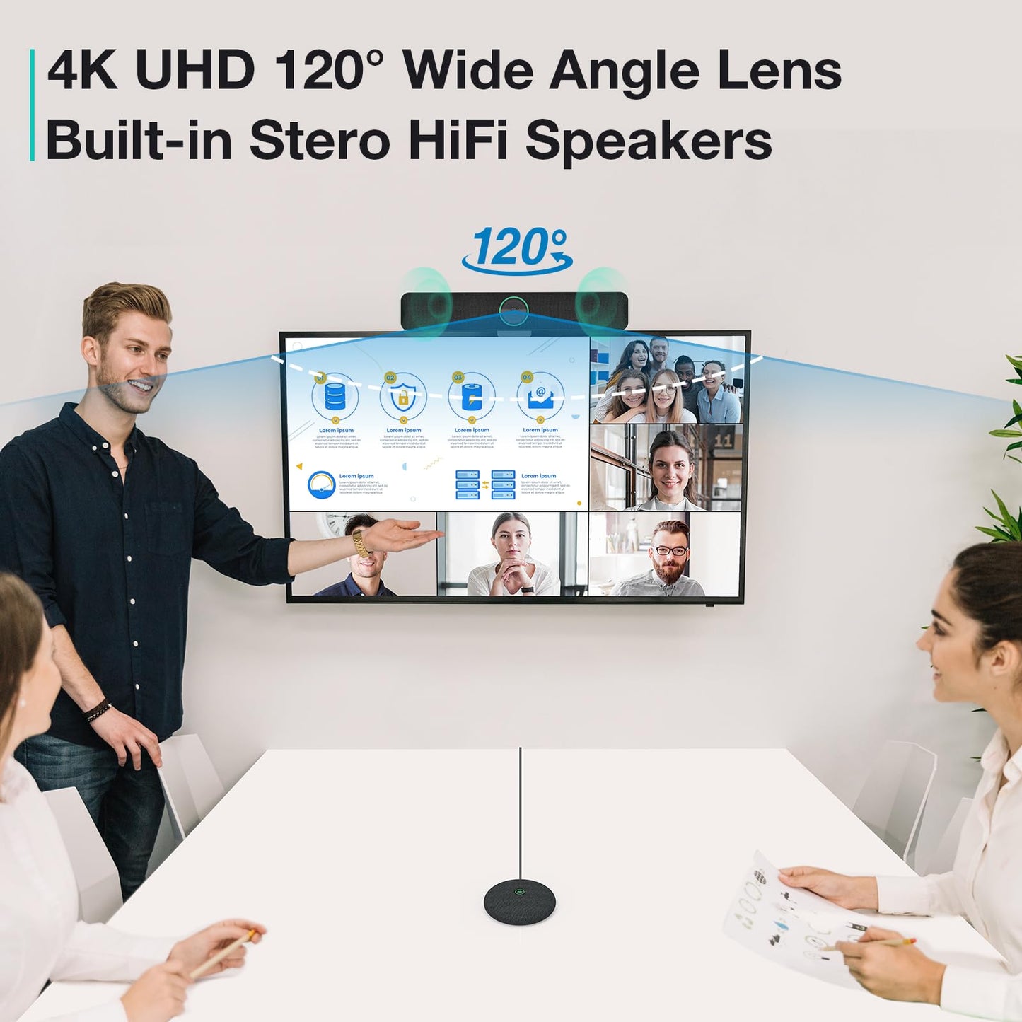 RayBit TB5 Video Conferencing System - Zoom Certificated, Ultra 4K Pro Audio and Video Conference Room Camera with 4 Microphone Arrays & Stereo Speakers, 120° Wide Angle Webcam for TV/Meeting Room