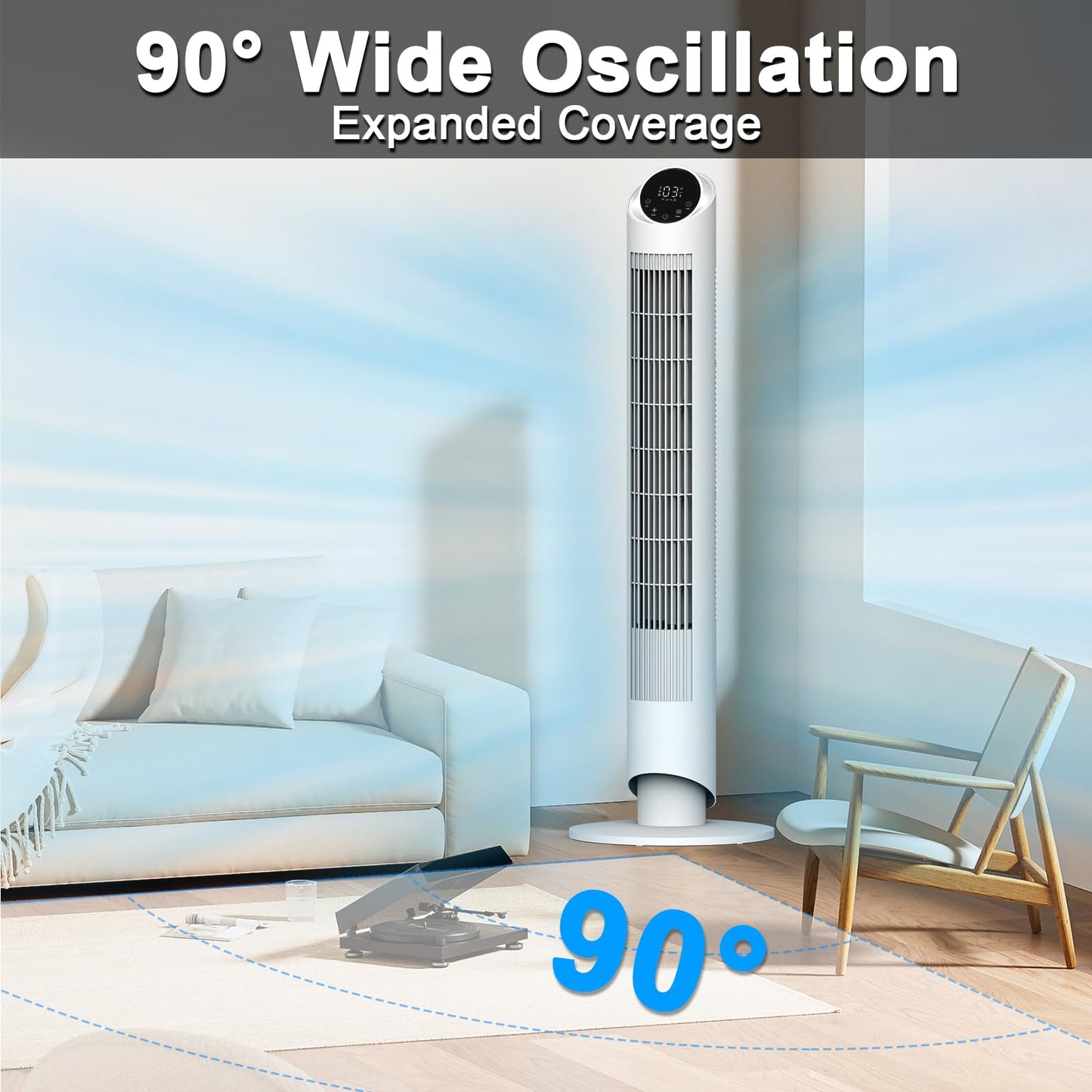 hykolity 40'' Tower Fan for Bedroom, 90° Oscillating Standing Fan, 28dB Ultra Quiet, 26ft/s Velocity Bladeless Floor Fan with 3 Speeds & 4 Modes, 12H Timer for Living Room, Home, Office, White