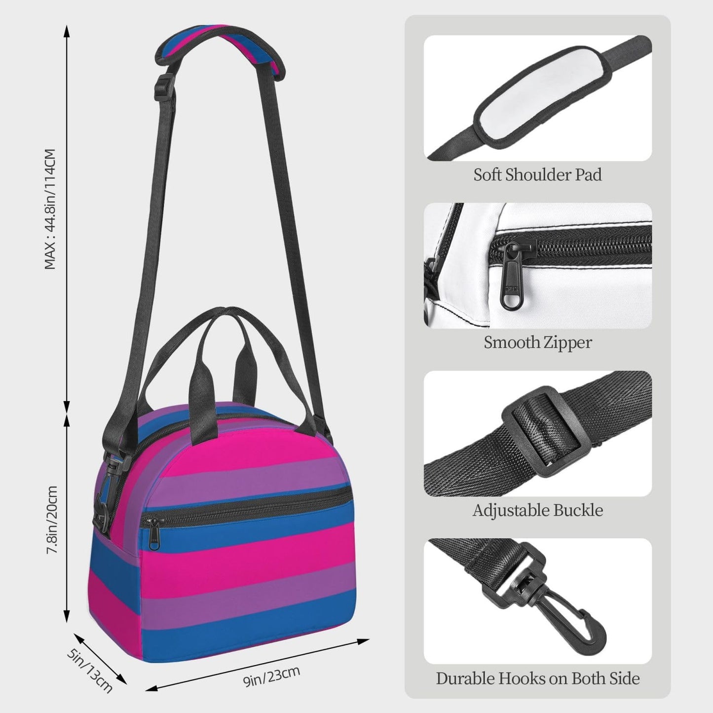 RISOIU Bisexual Pride Flag Lunch Box Insulated Lunch Bag Portable Zipper Cooler Tote Bag Adult Bento Box for Women Men Reusable Meal Organizer with Adjustable Strap for Work Office Picnic Travel