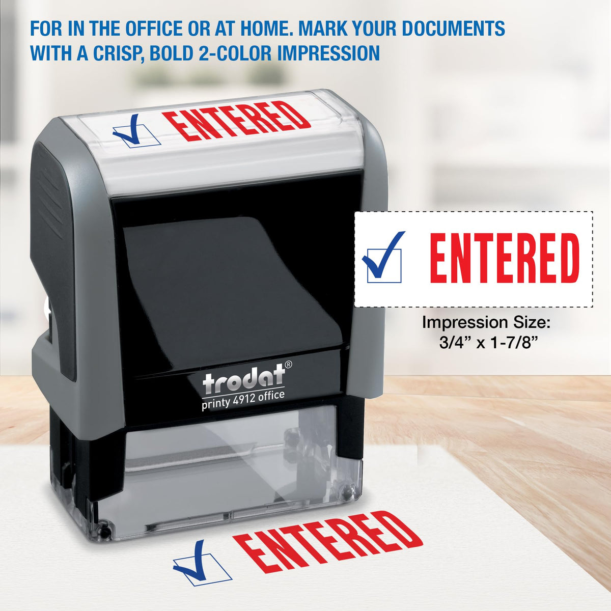 Trodat Printy 4912 2-Color Message Stamp - Self-Inking, Red and Blue Ink, Impression Size 3/4" x 1-7/8" (Entered)
