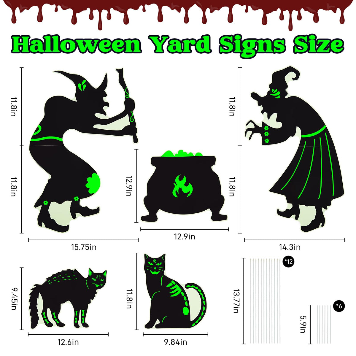 Halloween Yard Signs Decorations Outdoor - 5 Pack Large PVC Witch with Glow in The Dark, Warerproof Black Cat and Cauldron Decor, Halloween Decor with Stakes for Lawn Garden
