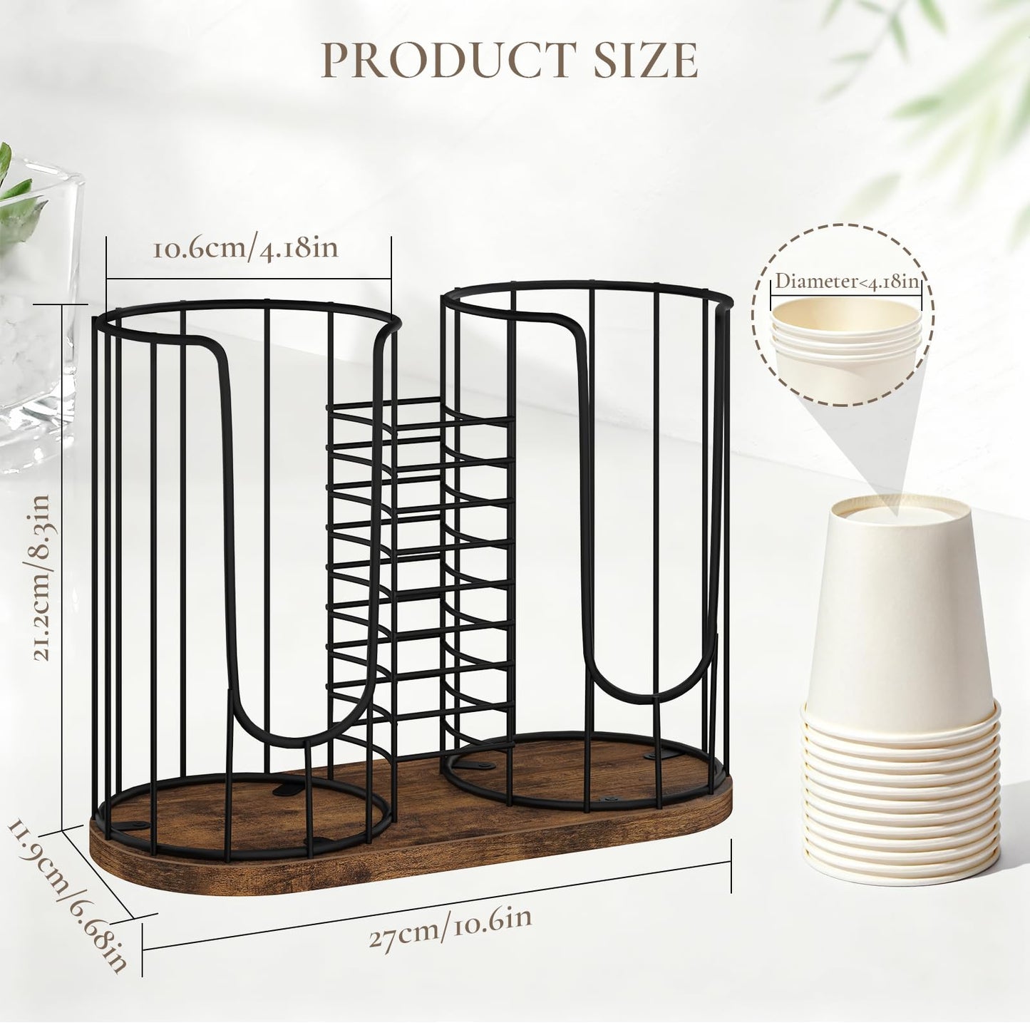 BCOZLUX Coffee Cup Holder 18oz 3-Compartment Paper Cup Dispenser Rack with Wood Base - Disposable Cup, Straw & Lid Organizer 3-in-1 Storage for Countertop, Coffee Bar, Kitchen, Office