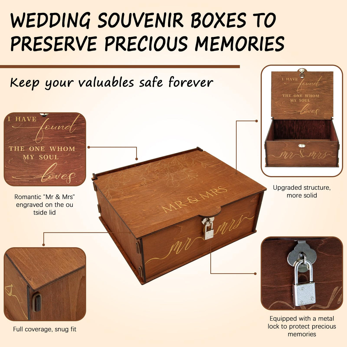 AerWo Mr and Mrs Wedding Keepsake Box, Large Wooden Storage Box with Lid and Lock, Assembled Keepsake Memory Box for Anniversary Engagement Gift, Wedding Memory Box for Couples Newly Engaged