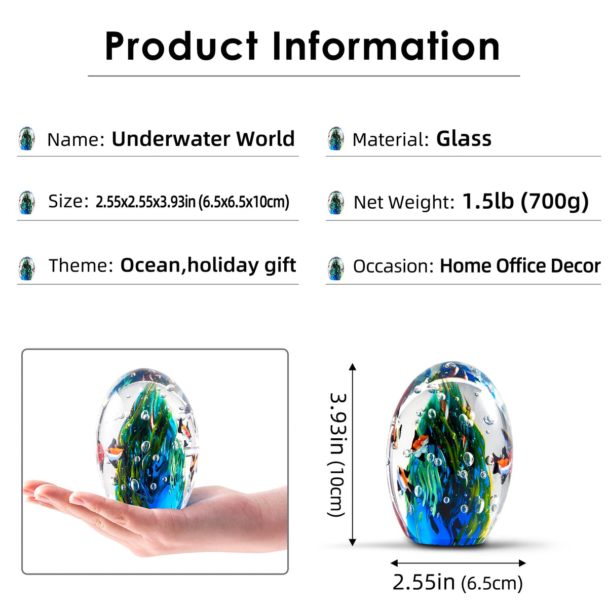 EUSTUMA Hand Blown Underwater World of Glass, Office Paperweight, Aquarium Decor, Ocean Lovers