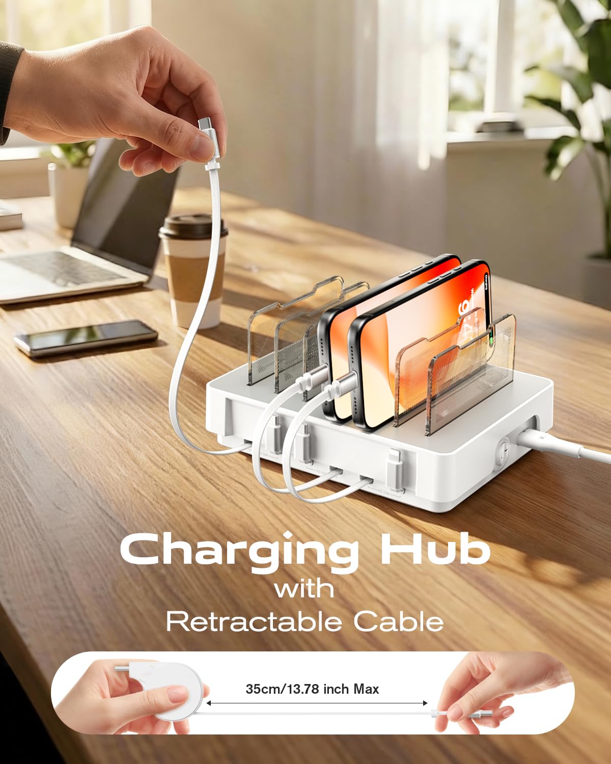 SooPii HomeHub H1 Charging Station for multiple devices,Upgraded 6-Port Desktop Fast Charger with 6 Retractable Cables（4*C+2*iP）,60W PD charger station for iPhone/Tablet,Tangle-Free Charging Organizer