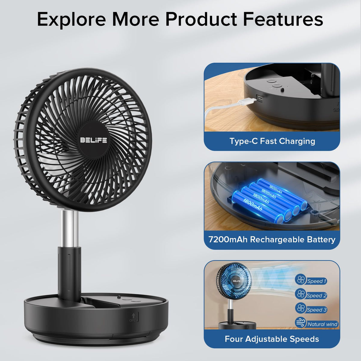 Belife X8 Portable Fan, 7200mAh Battery Powered Rechargeable, Oscillating USB Desk Floor Fan with Remote, Foldable Telescopic Fan for Home Bedroom Sleeping Office Camping Travel, 7.7" (Black)