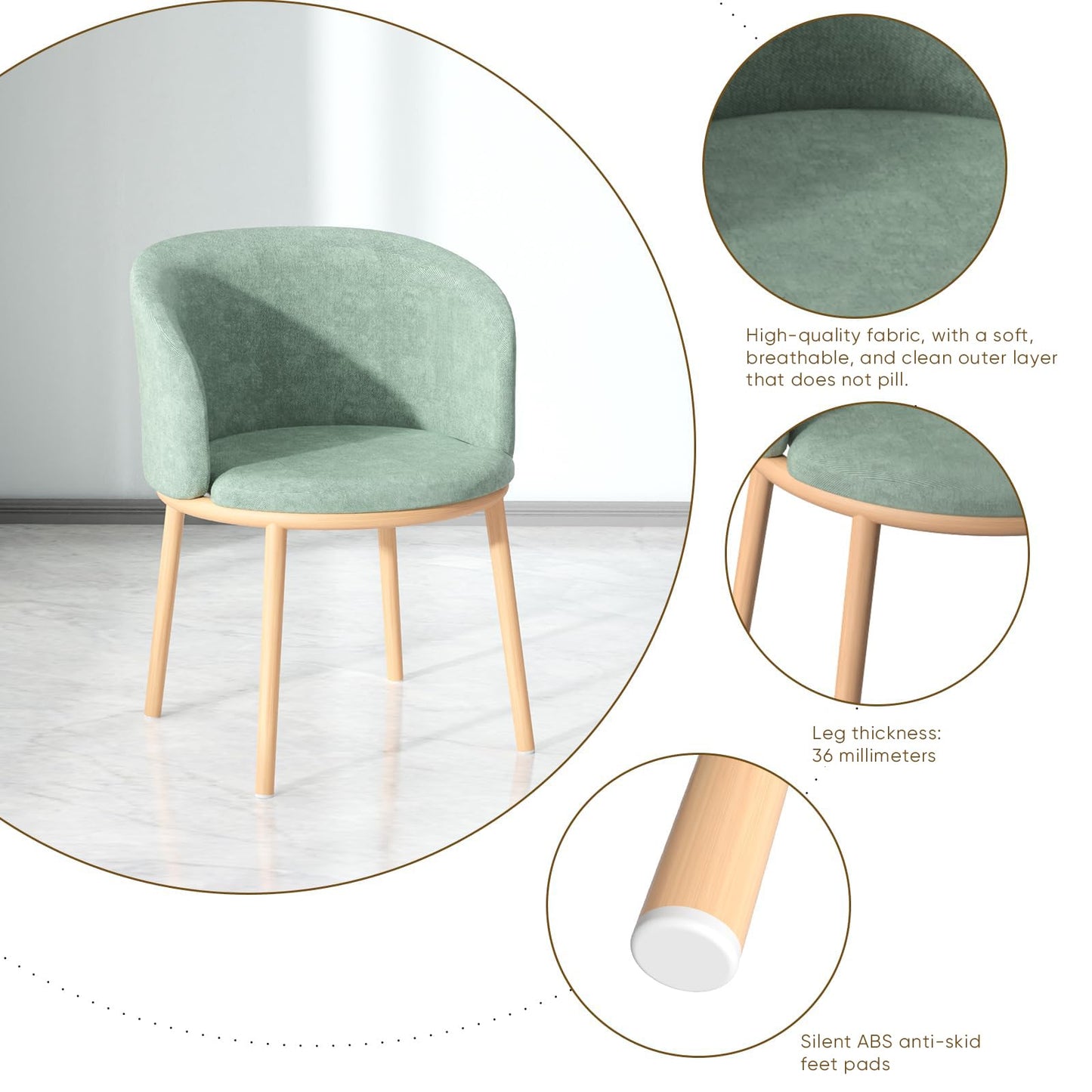 Bloomliving Round Dining Table Set, Upholstered Fabric Chairs with Padded Seat for 2, Modern Nordic Furniture with Sturdy Stainless Steel Legs, Easy to Assemble for Home Office Bistro (Green)