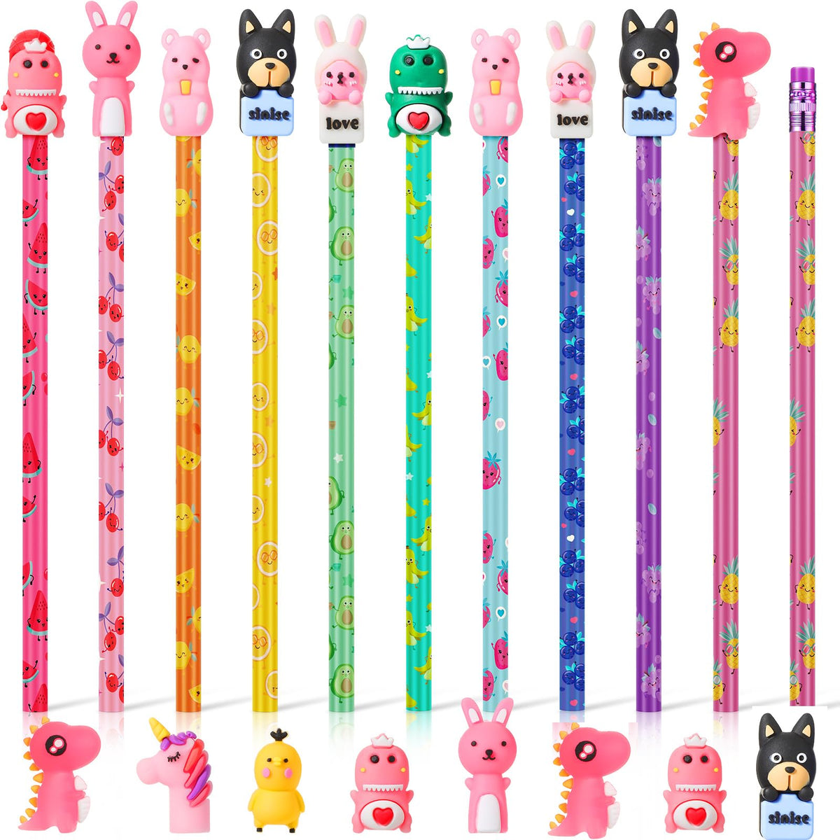 Ireer 60 Pcs Scented Pencils for Kids Animal Fruit Fun Smelly Pencils Bulk HB Graphite with 60 Pcs Cute Cartoon Toppers Gift for School Office Classroom Party Reward Supplies(Bright Style)