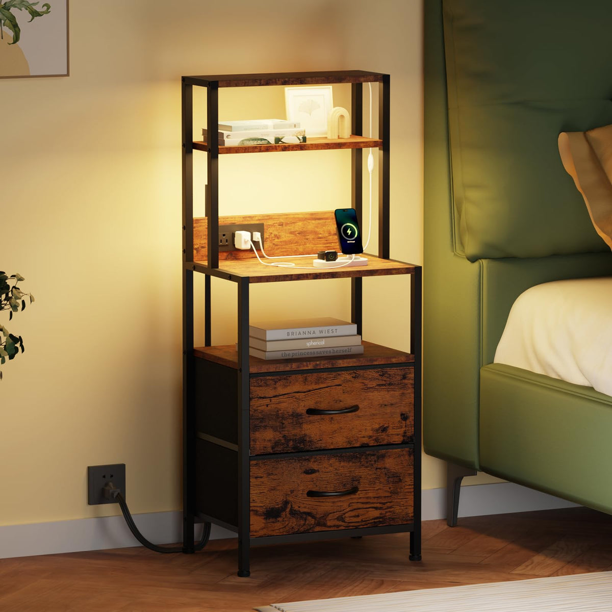 Furnulem Night Stand, Tall Nightstand with 4-Tier Shelves, 2 Fabric Drawers and LED Lights, Bed Side Tables with Charging Station, Bedside Table for Bedroom, Office, Rustic Brown