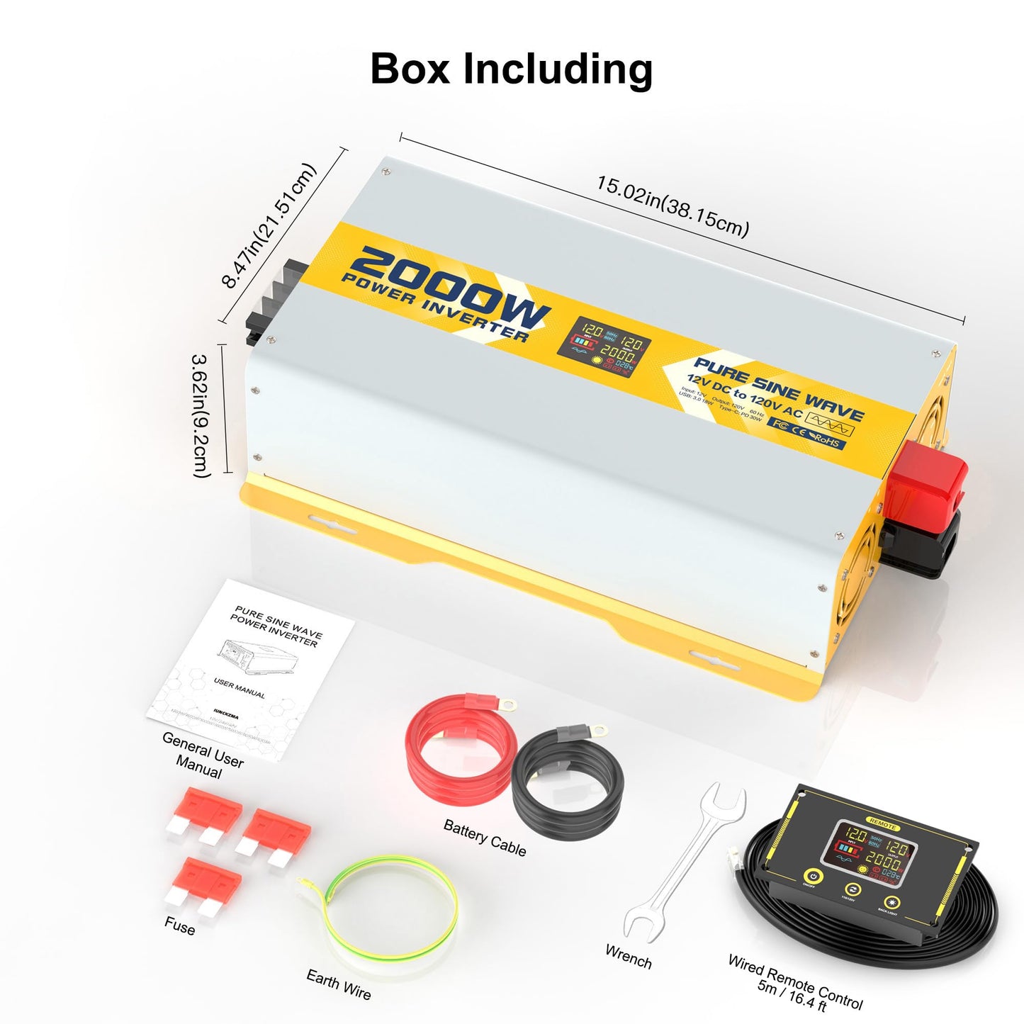 XWJNE 2000W Pure Sine Wave Power Inverter 12V DC to 120V GFCI AC Converter with LCD Display and Remote for Home, RV, Truck, Off-Grid Solar Power