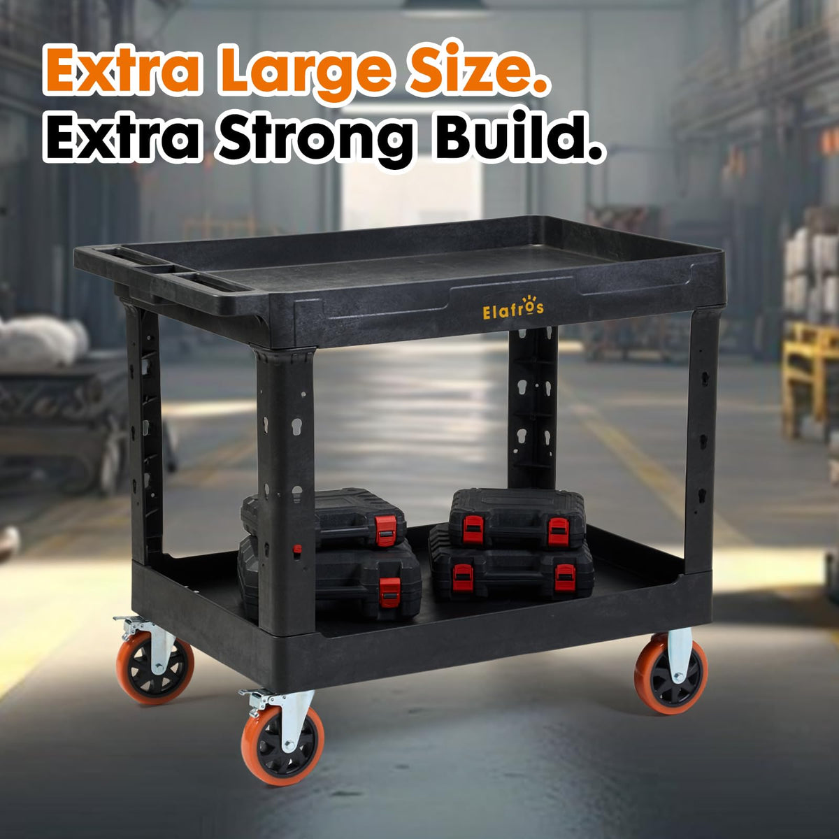 ELAFROS Extra Large Heavy Duty Utility Cart 39.9 x 24.6 Inch - Work Cart Big 2-Tier Plastic Rolling Service Cart with Deep Shelves, 6 Inch Casters, 550 lbs Capacity, Black